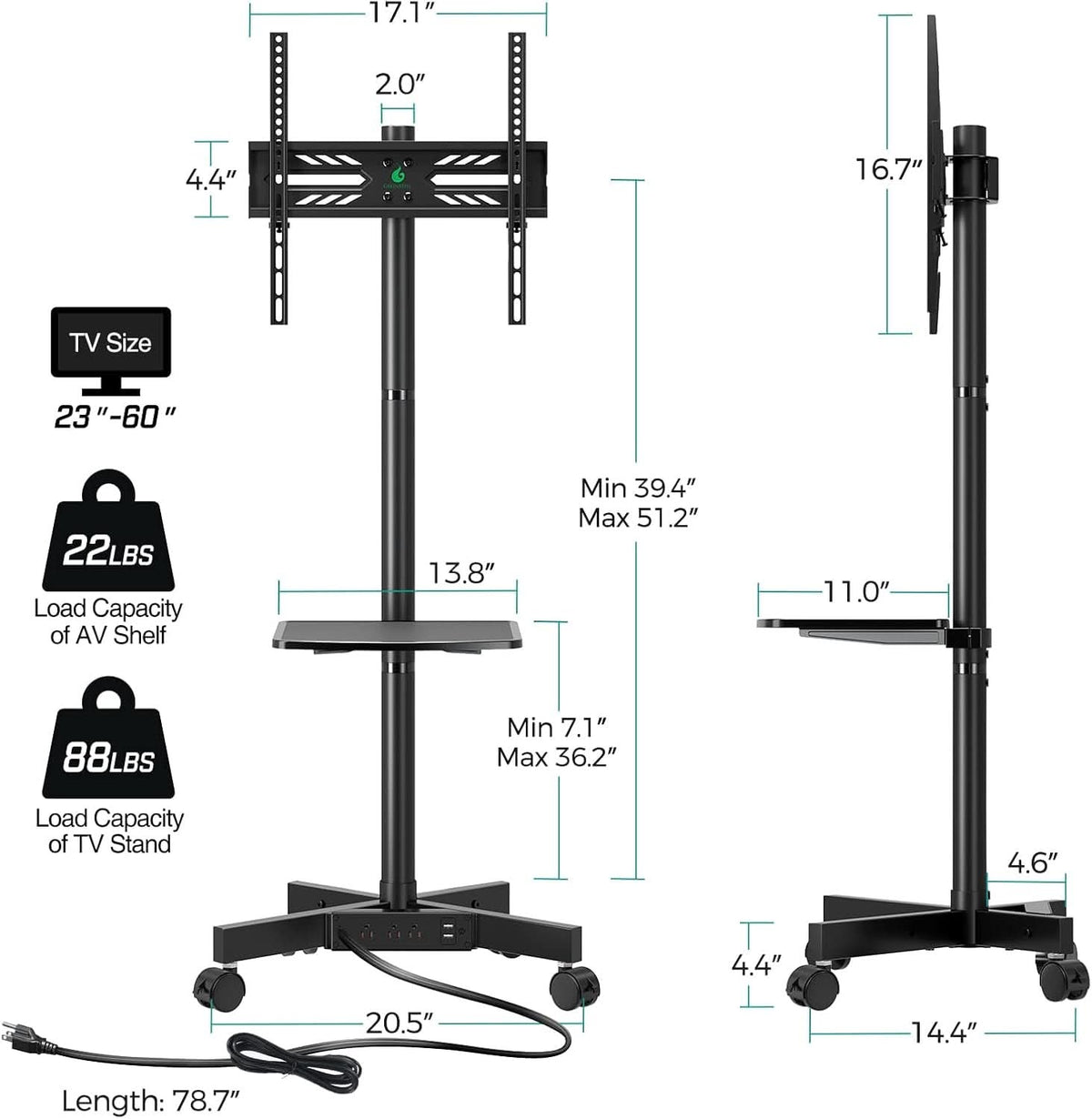 Mobile TV Cart With Height Adjustable Stand And Power Outlet For 23 To 60 Inch TVs