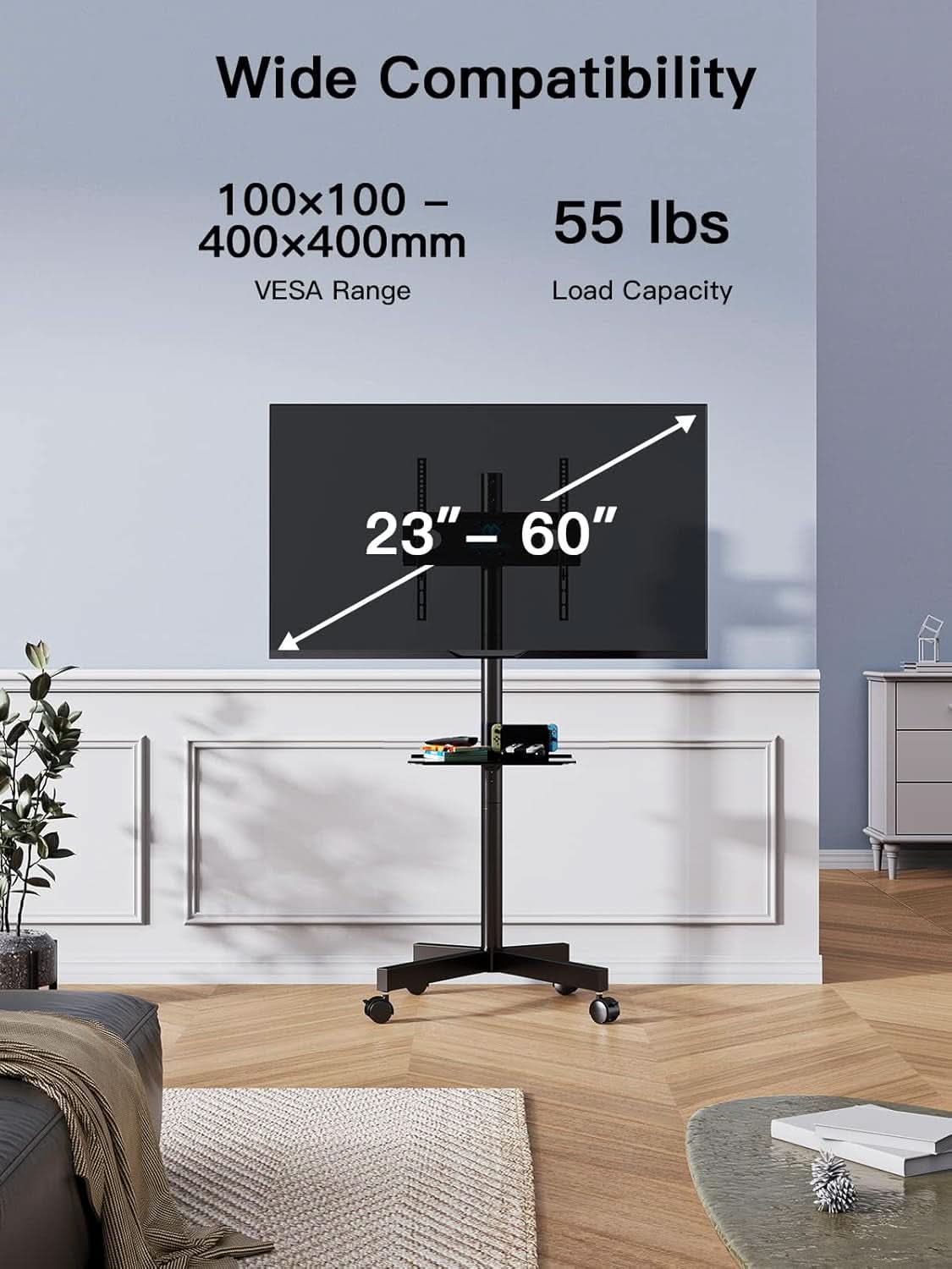 Mobile TV Cart on Wheels for 23 to 60 Inch TVs Height Tray