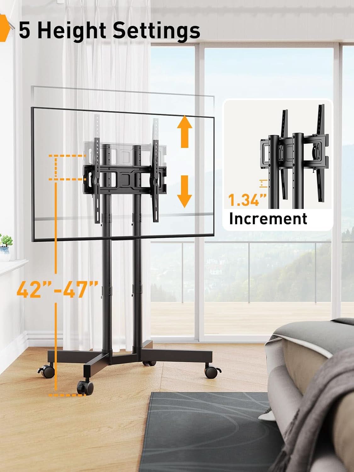 Mobile TV Stand 32 To 70 Inch With Wheels Height Adjustable