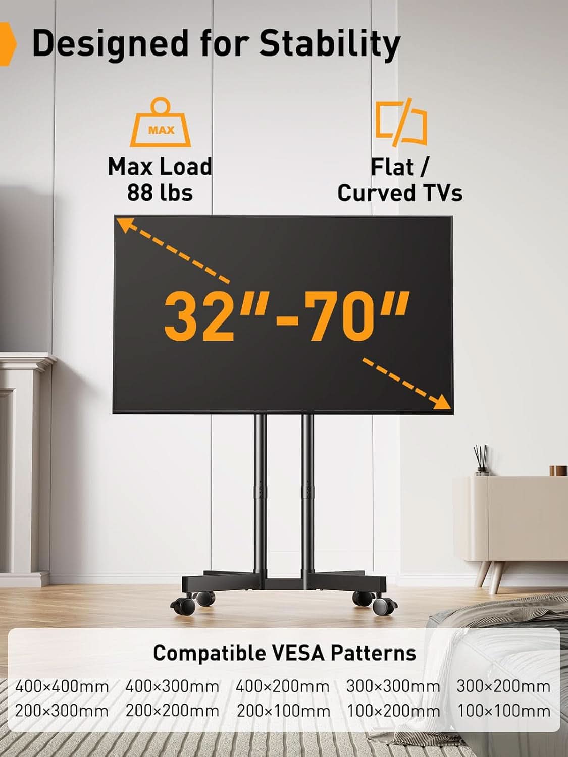 Mobile TV Stand 32 To 70 Inch With Wheels Height Adjustable