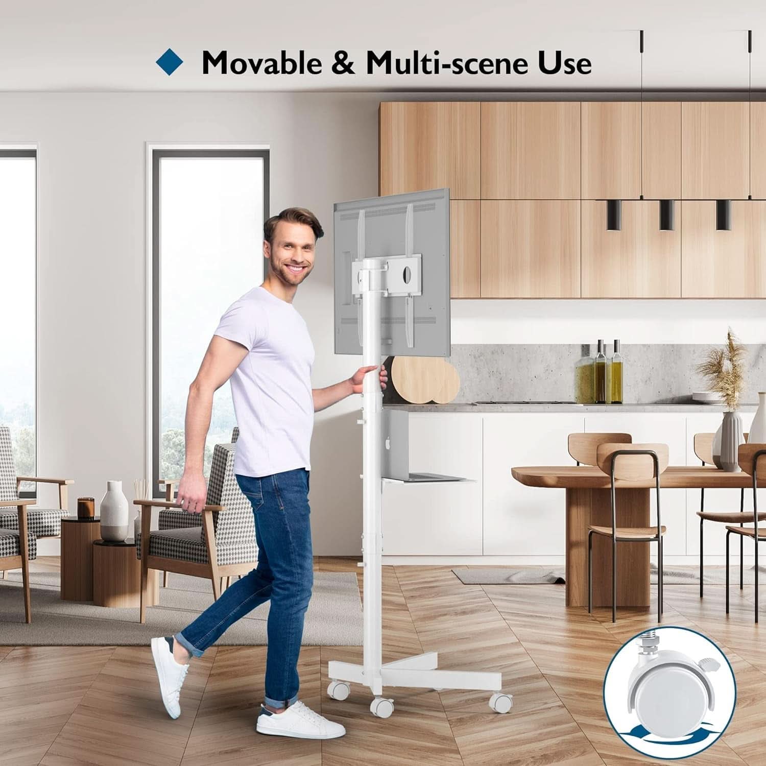 Mobile TV Stand For 23-60 Inch TVs Adjustable Height Locking Wheels White