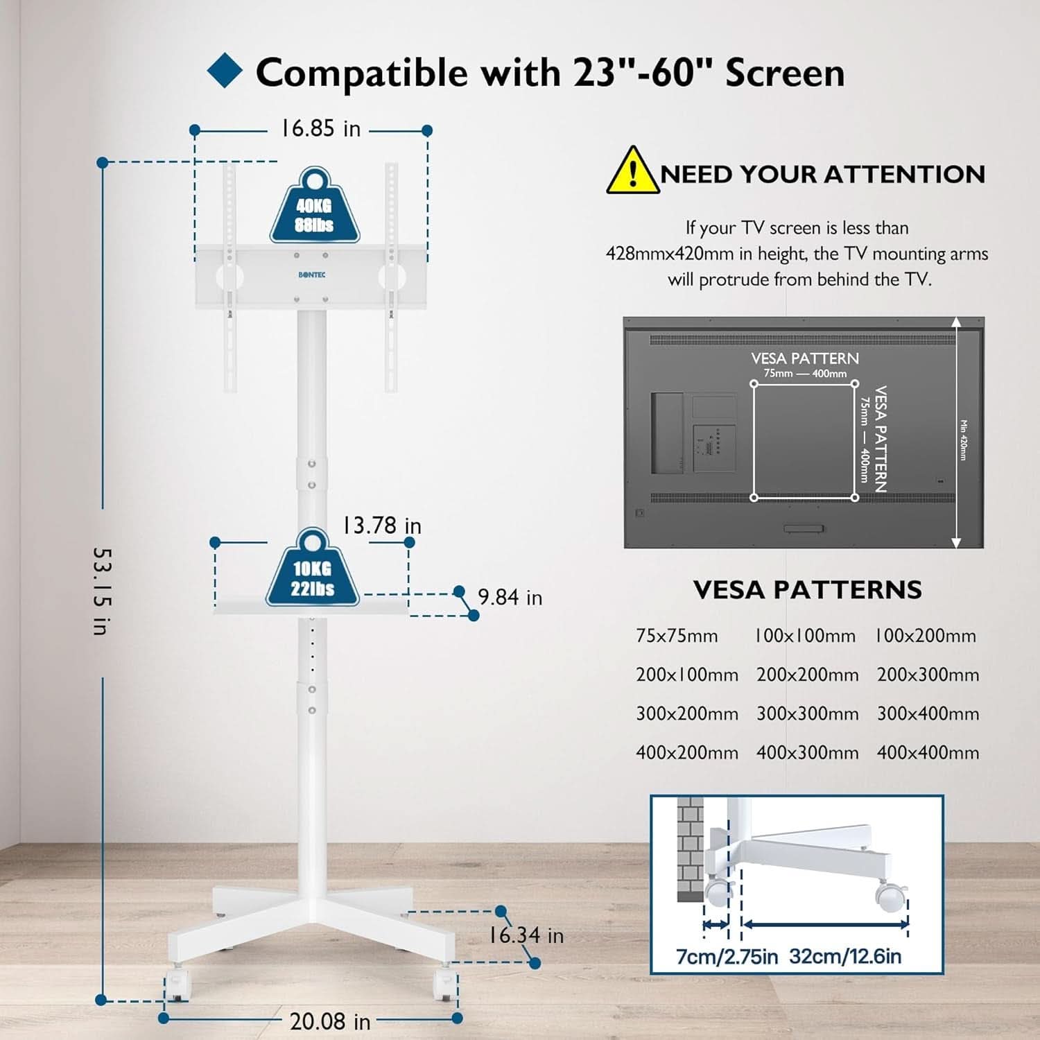 Mobile TV Stand For 23-60 Inch TVs Adjustable Height Locking Wheels White