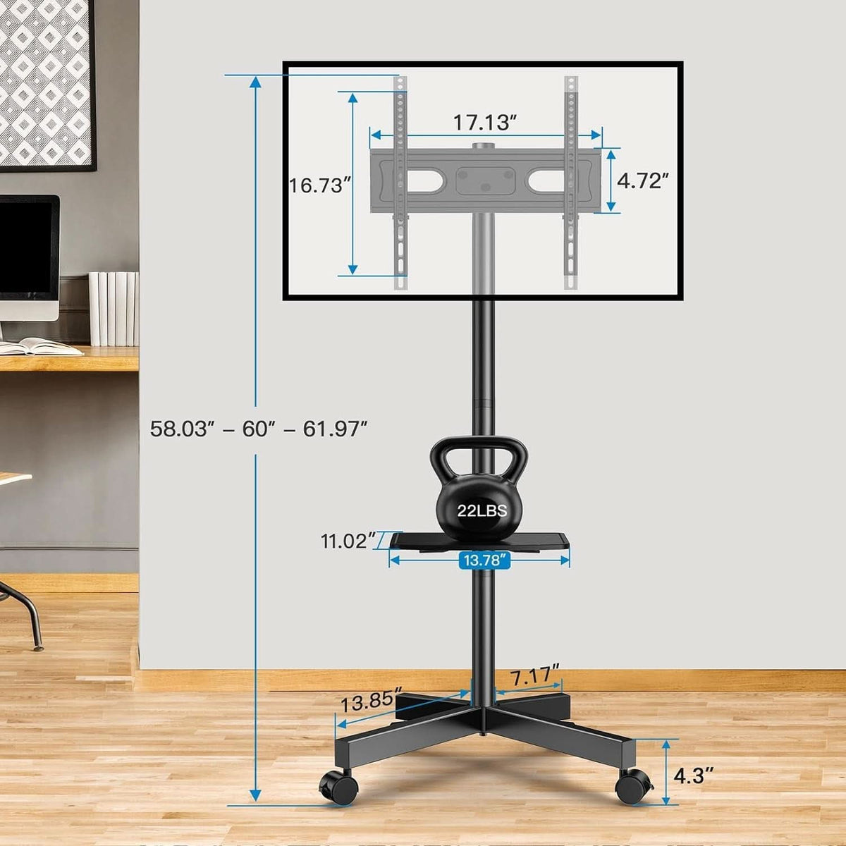 Mobile TV Stand for 23 to 60 Inch TVs with Laptop Shelf and Vesa 400x400