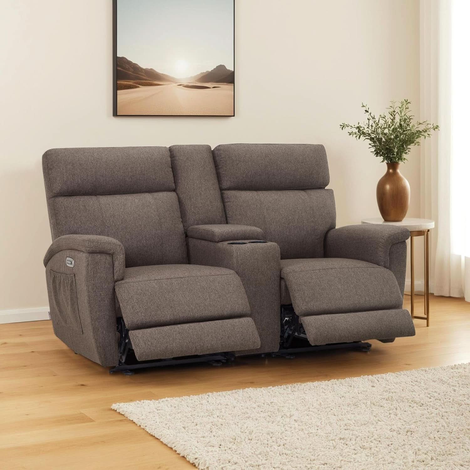 Mocha Power Recliner Loveseat With Massaging For Living Room Comfort