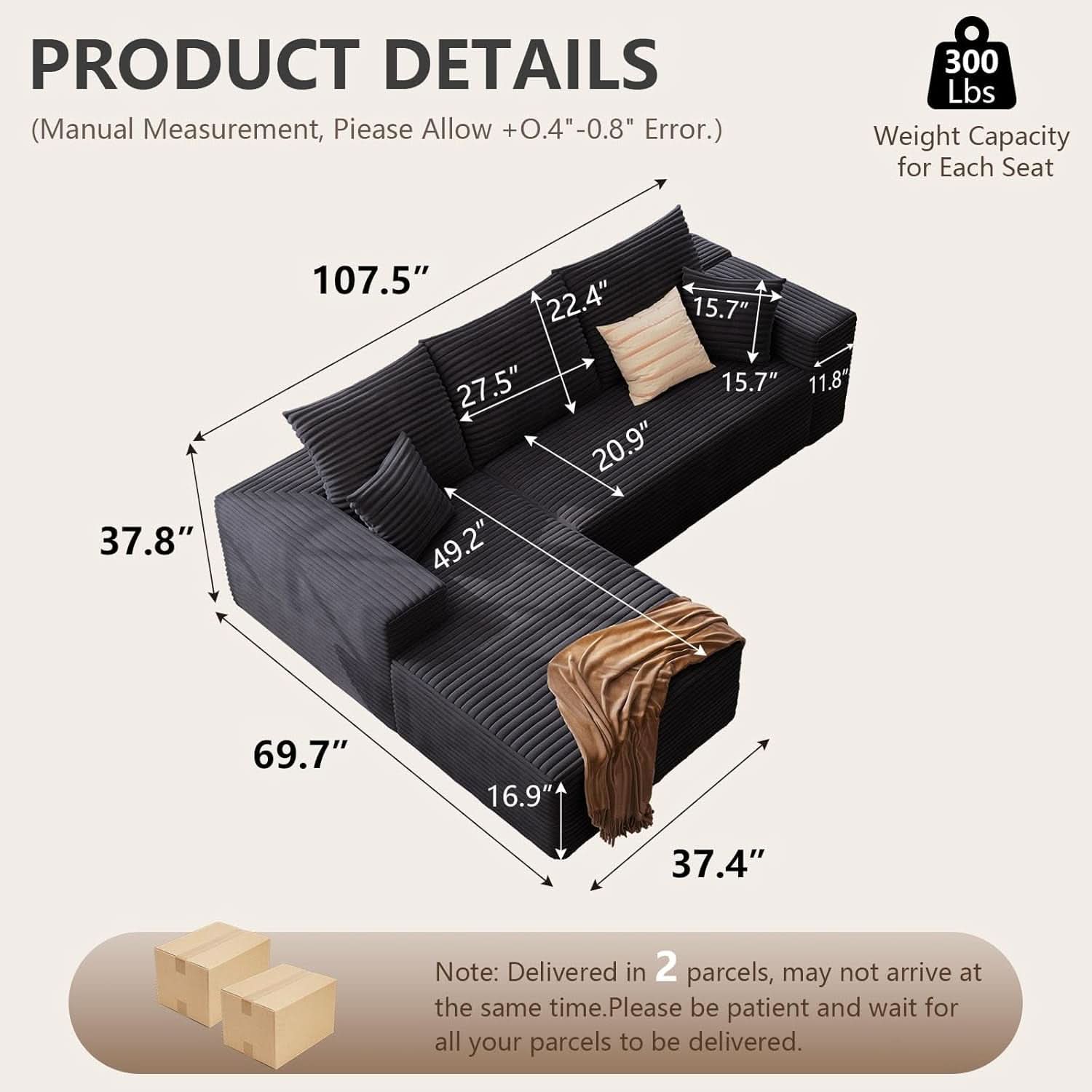 Modern 107 Inch Cloud Sectional Couch with Chaise