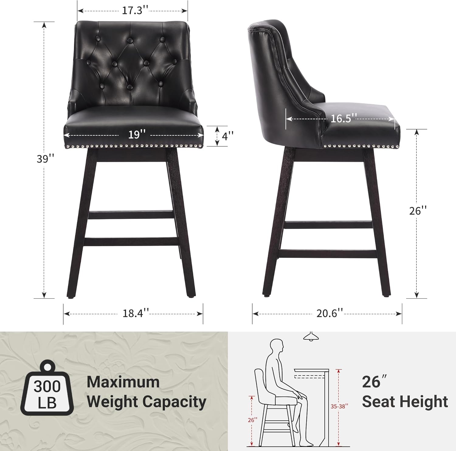 Modern 26 Inch Faux Leather Swivel Bar Stools