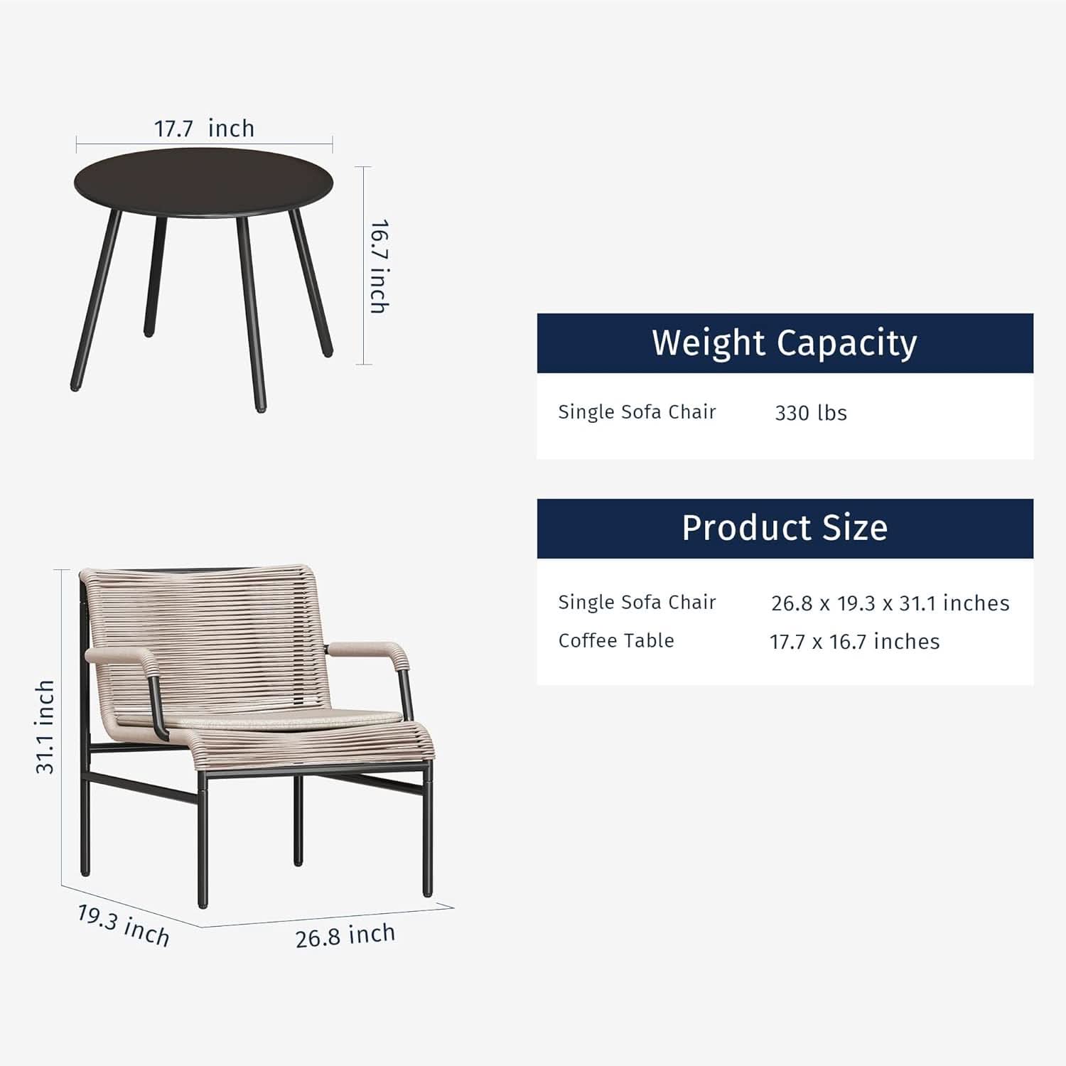 Modern 3-Piece Outdoor Bistro Set with Wide Chairs