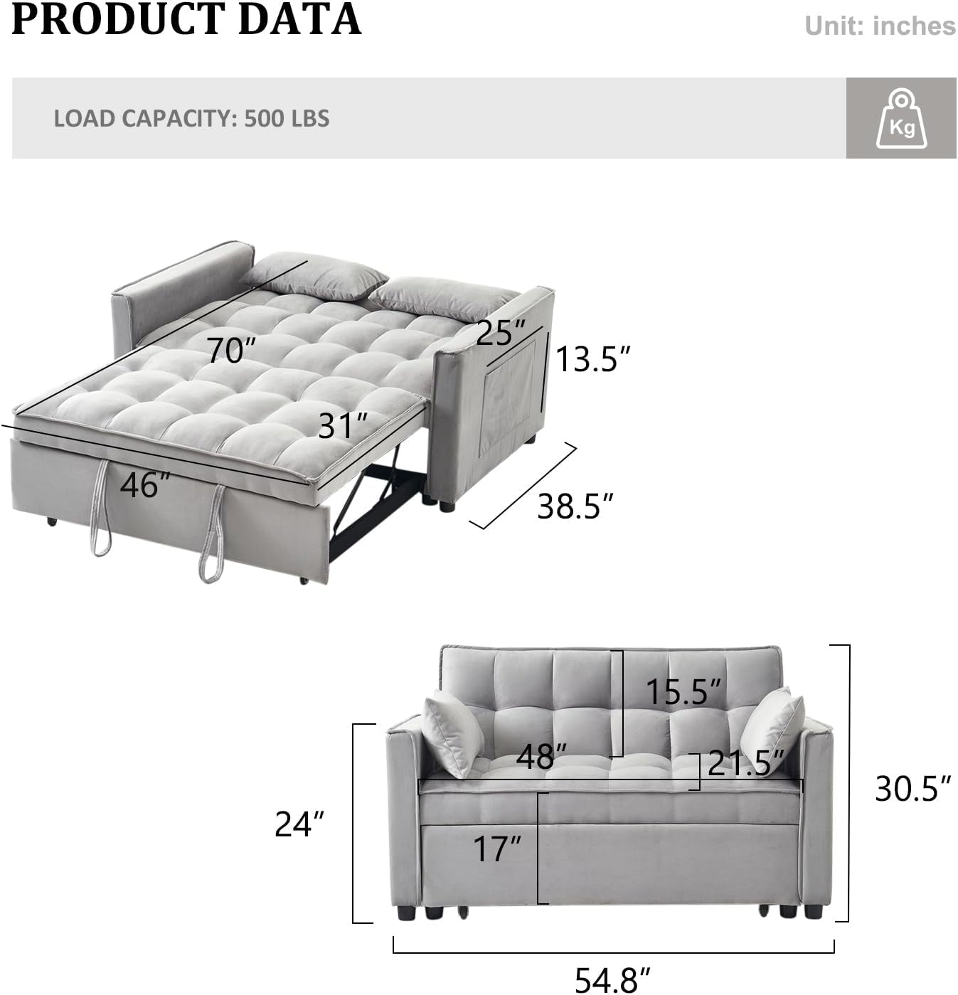 Modern 3 in 1 Sleeper Sofa Bed with Adjustable Backrest