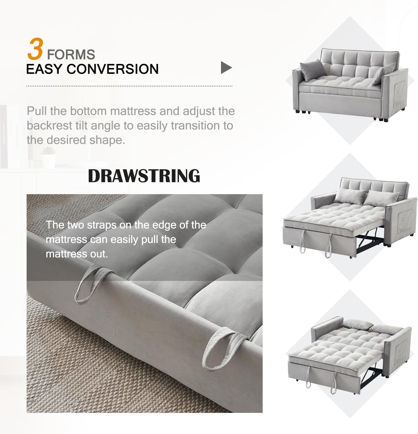 Modern 3 in 1 Sleeper Sofa Bed with Adjustable Backrest