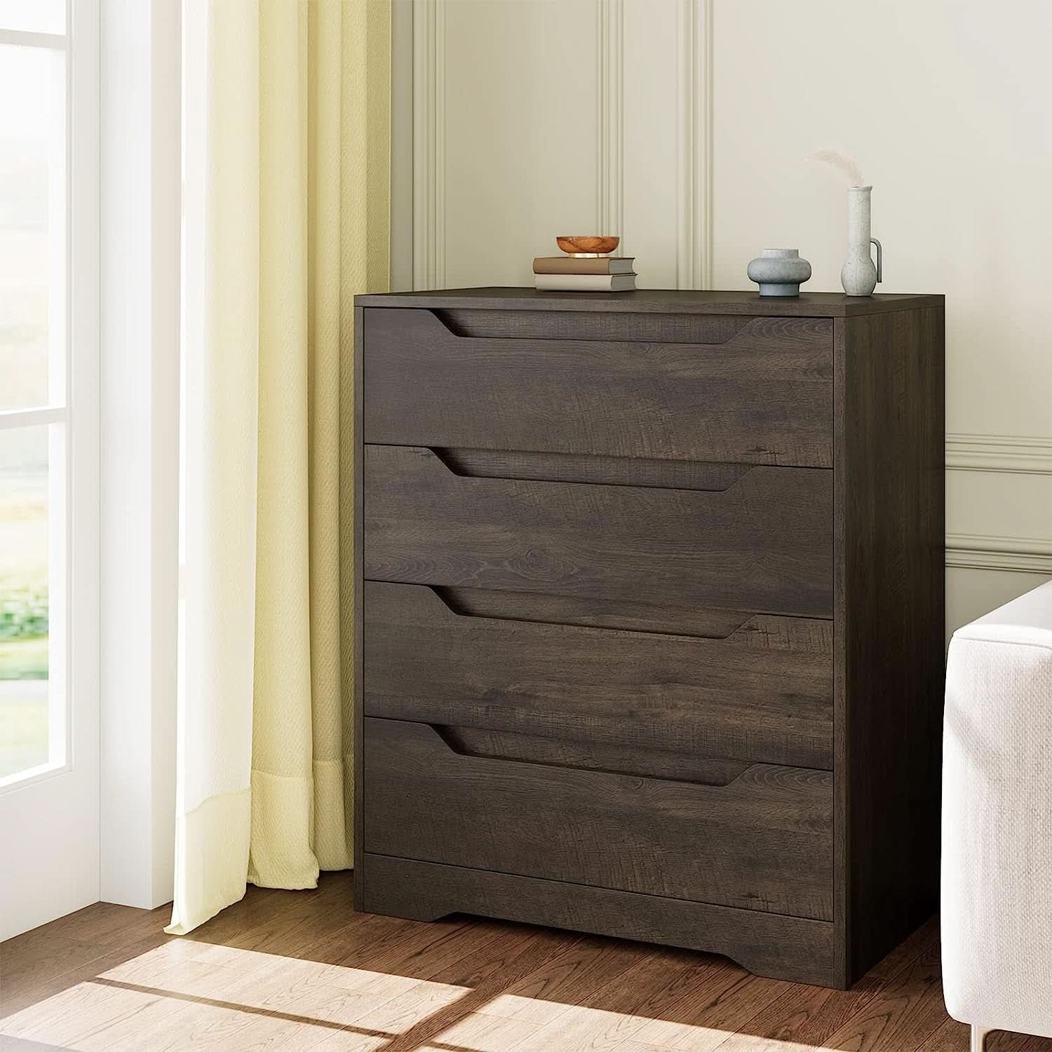 Modern 4 Drawer Dresser Walnut Finish For Bedroom Storage