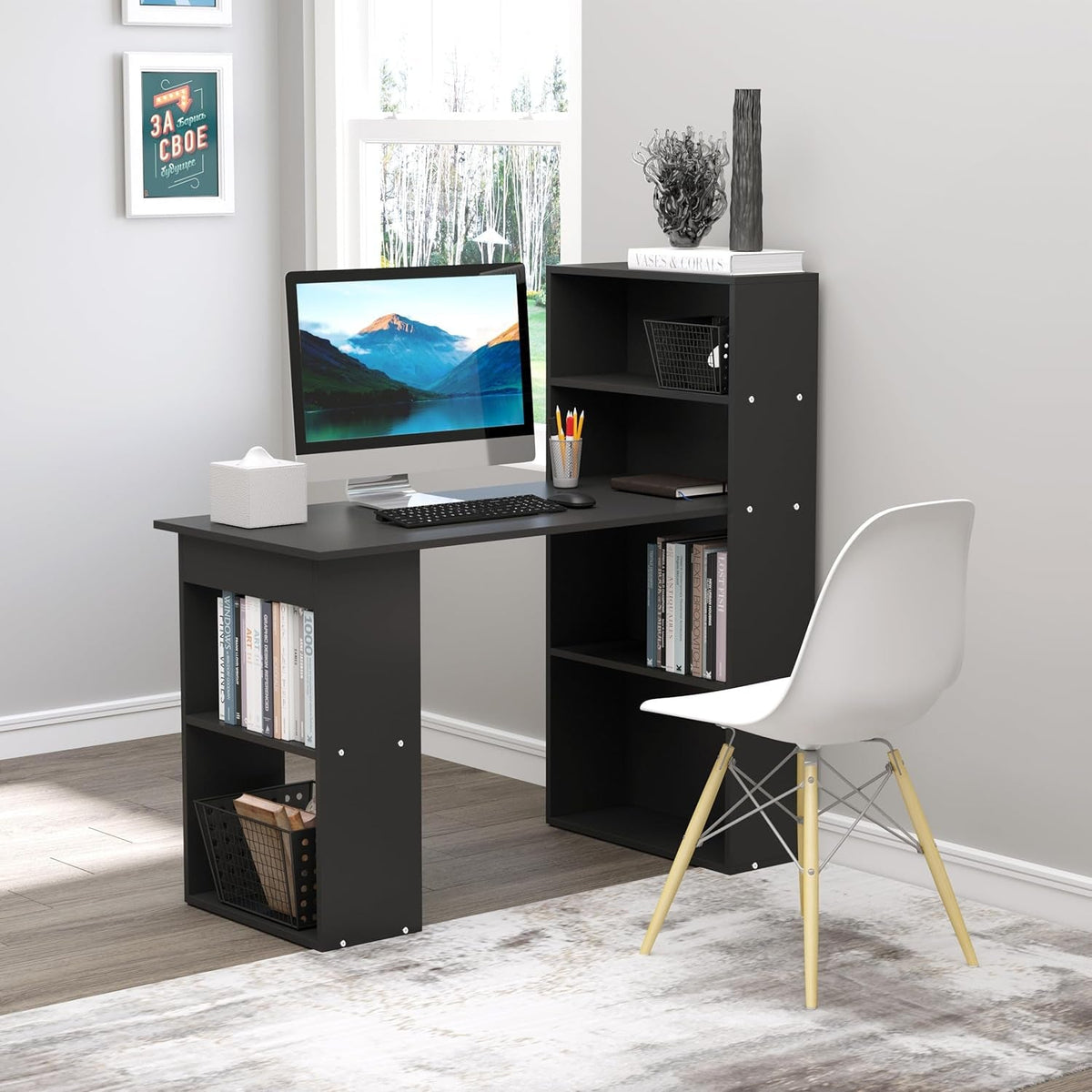 Modern 47 Inch Home Office Desk With 6 Tier Shelves