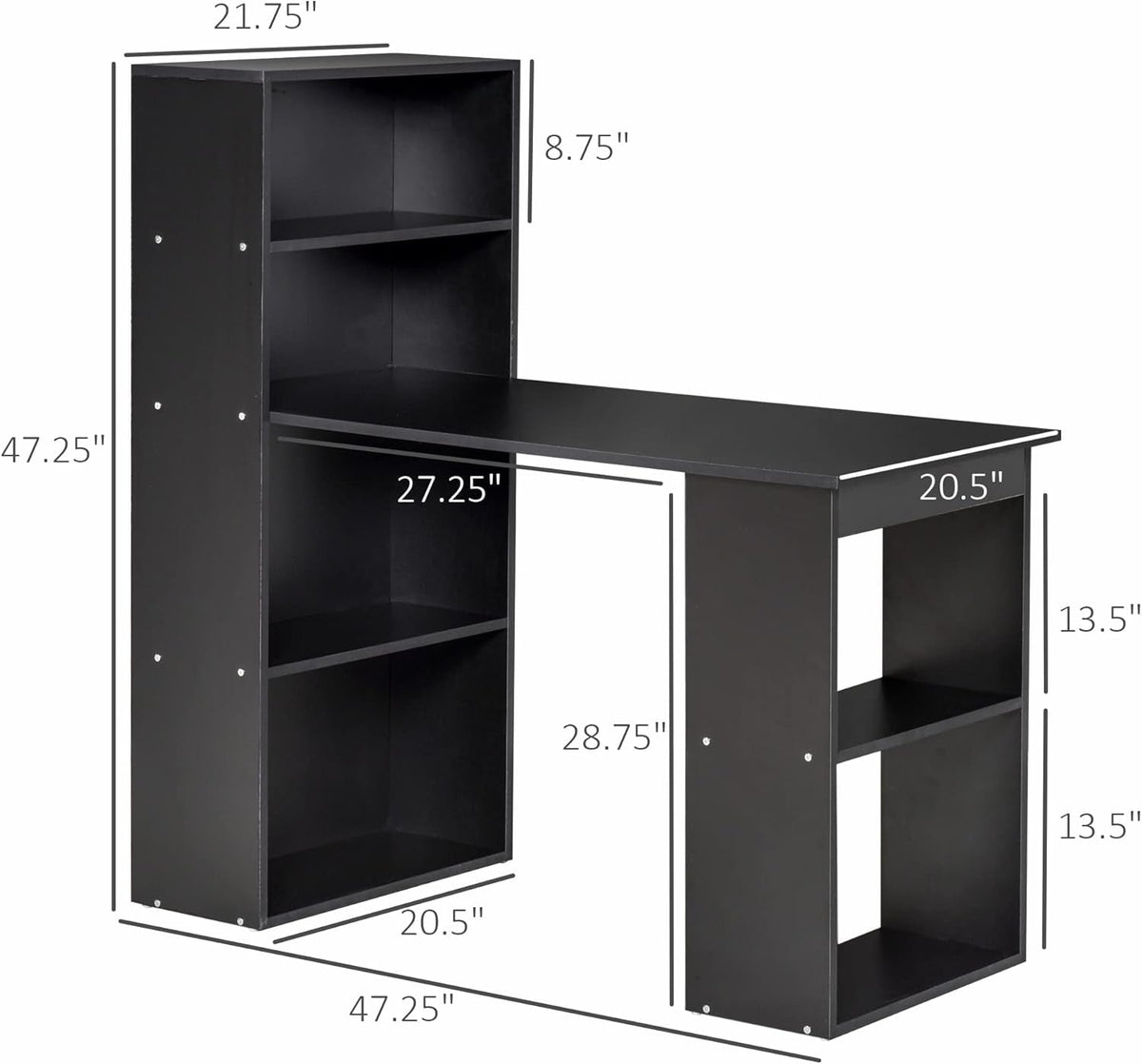 Modern 47 Inch Home Office Desk With 6 Tier Shelves