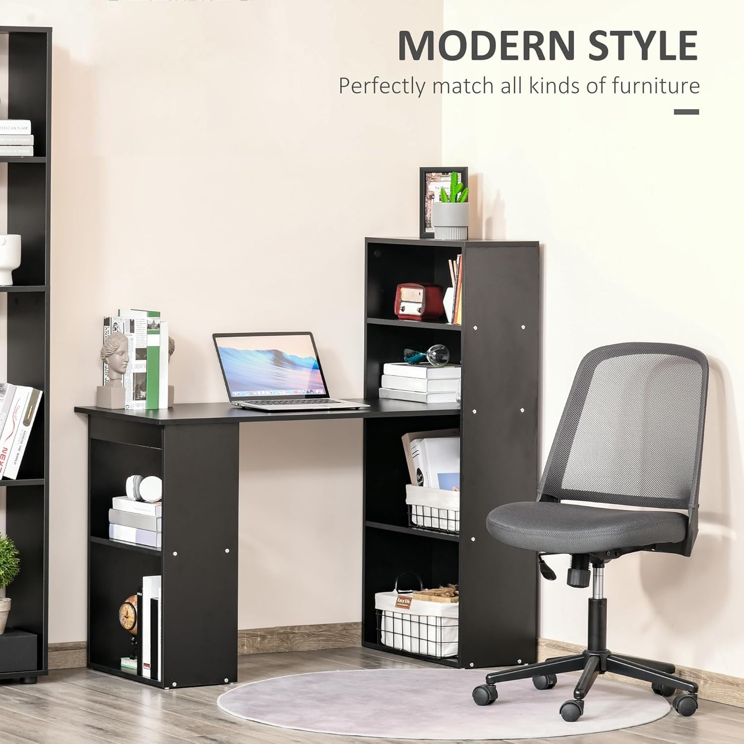 Modern 47 Inch Home Office Desk With 6 Tier Shelves