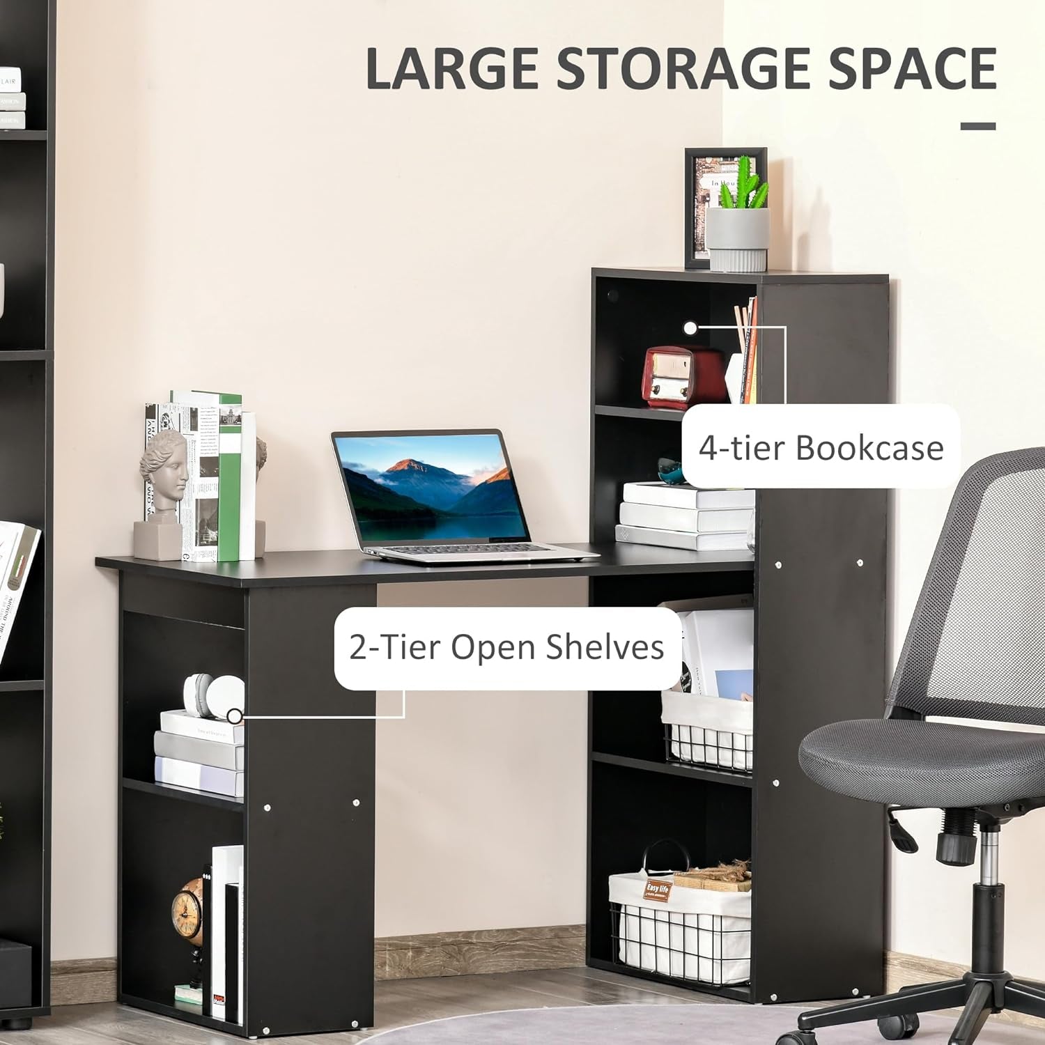 Modern 47 Inch Home Office Desk With 6 Tier Shelves