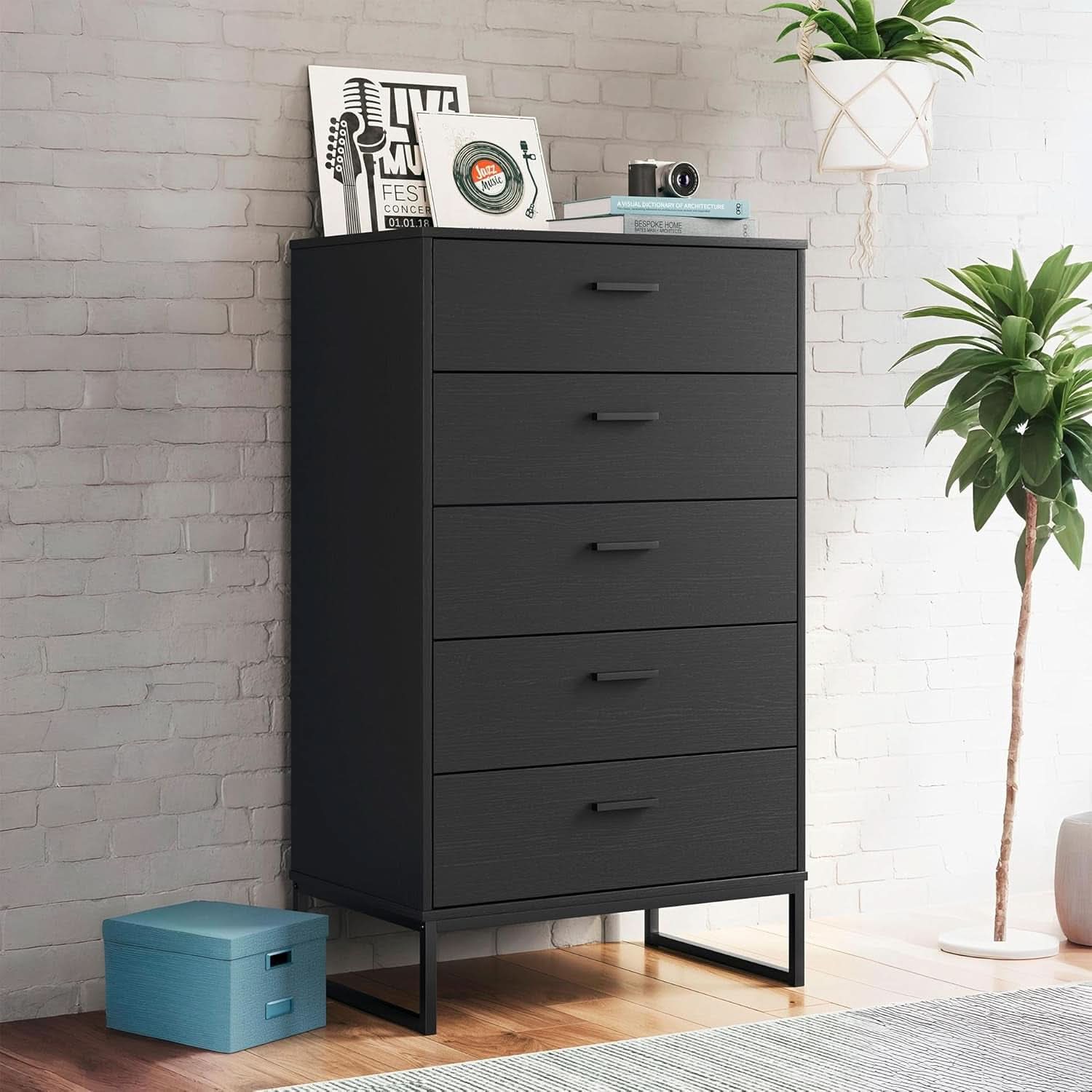 Modern 5-Drawer Chest with Safety Stop, Black Finish for Bedroom