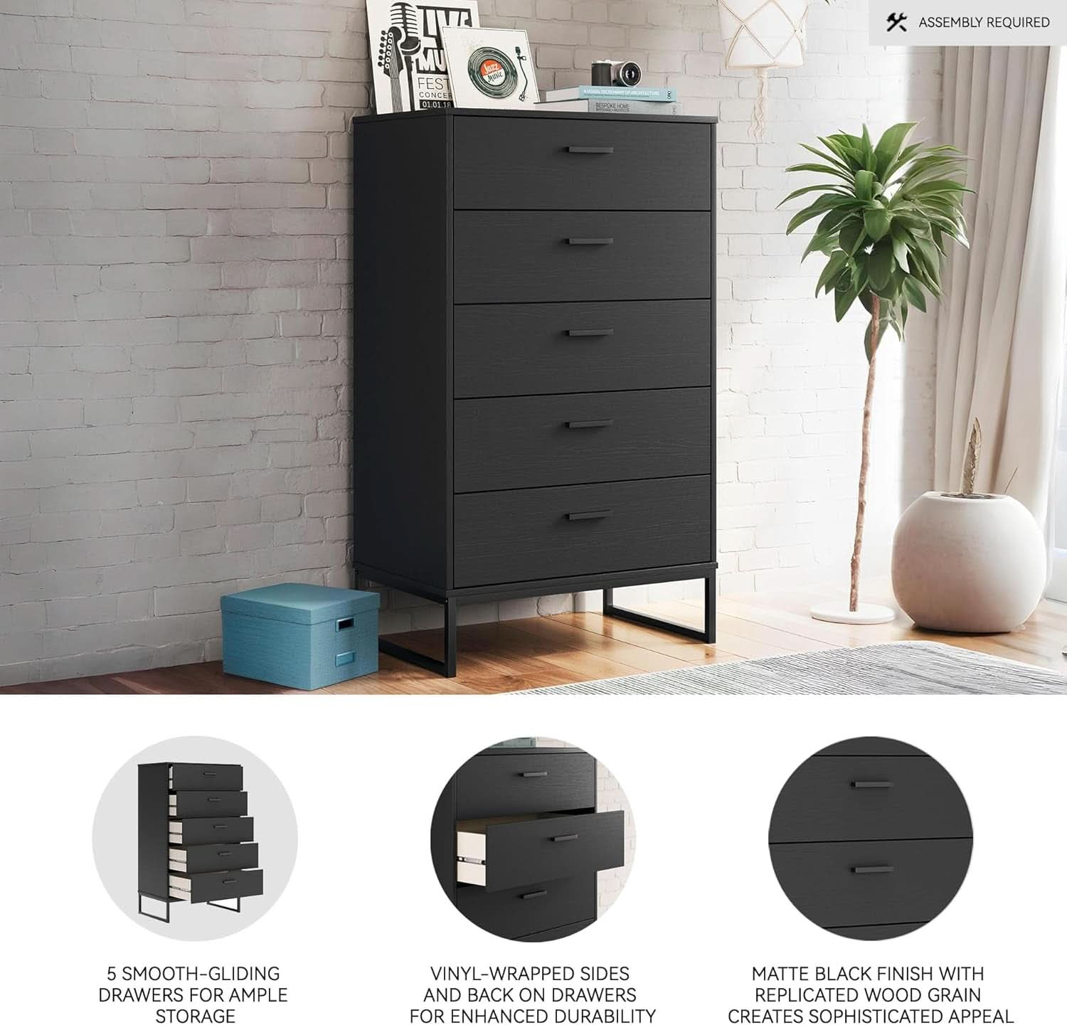 Modern 5-Drawer Chest with Safety Stop, Black Finish for Bedroom