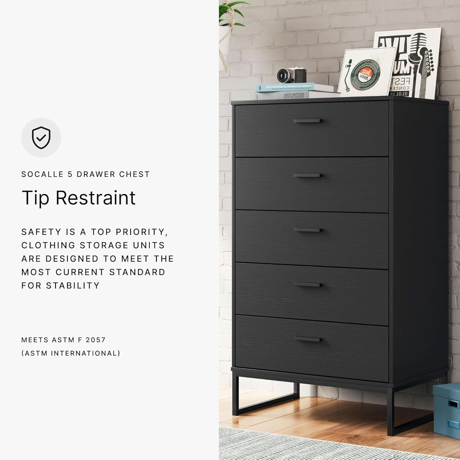 Modern 5-Drawer Chest with Safety Stop, Black Finish for Bedroom