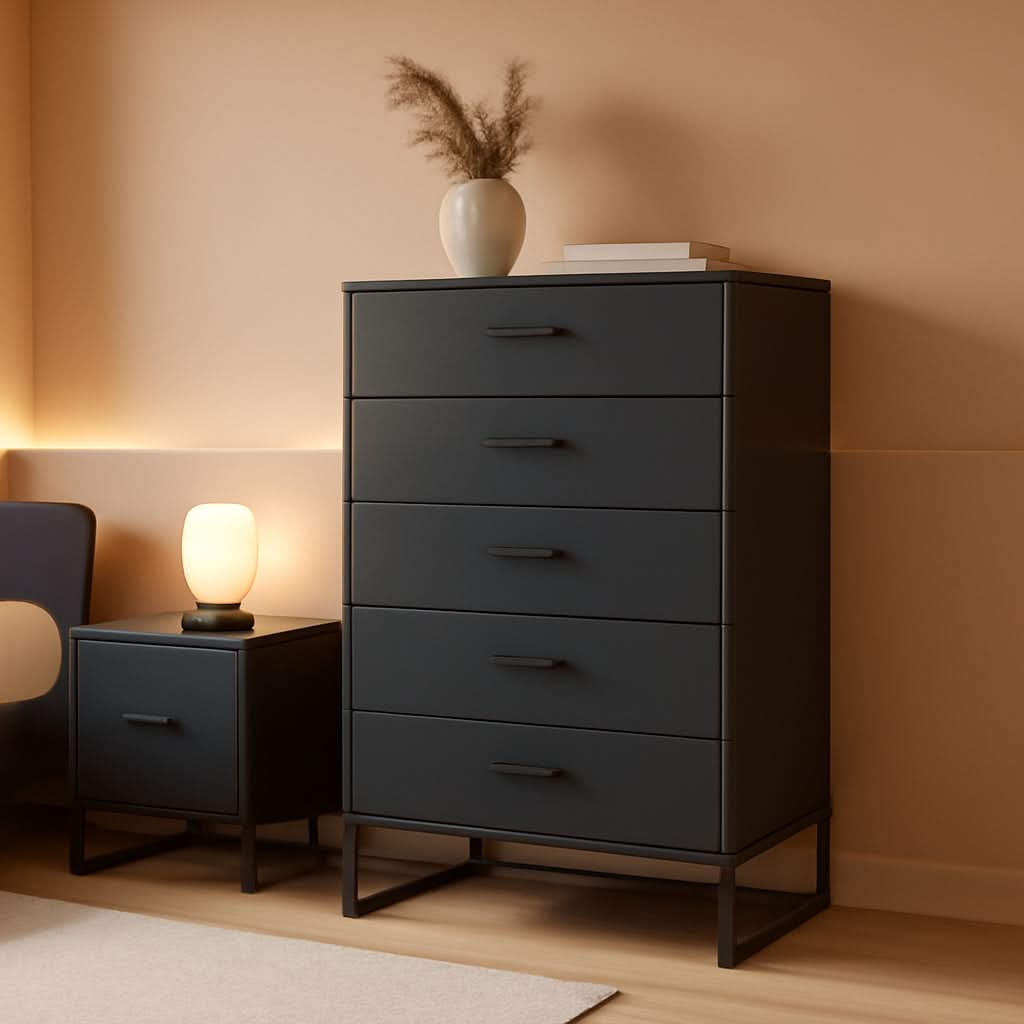 Modern 5-Drawer Chest with Safety Stop, Black Finish for Bedroom