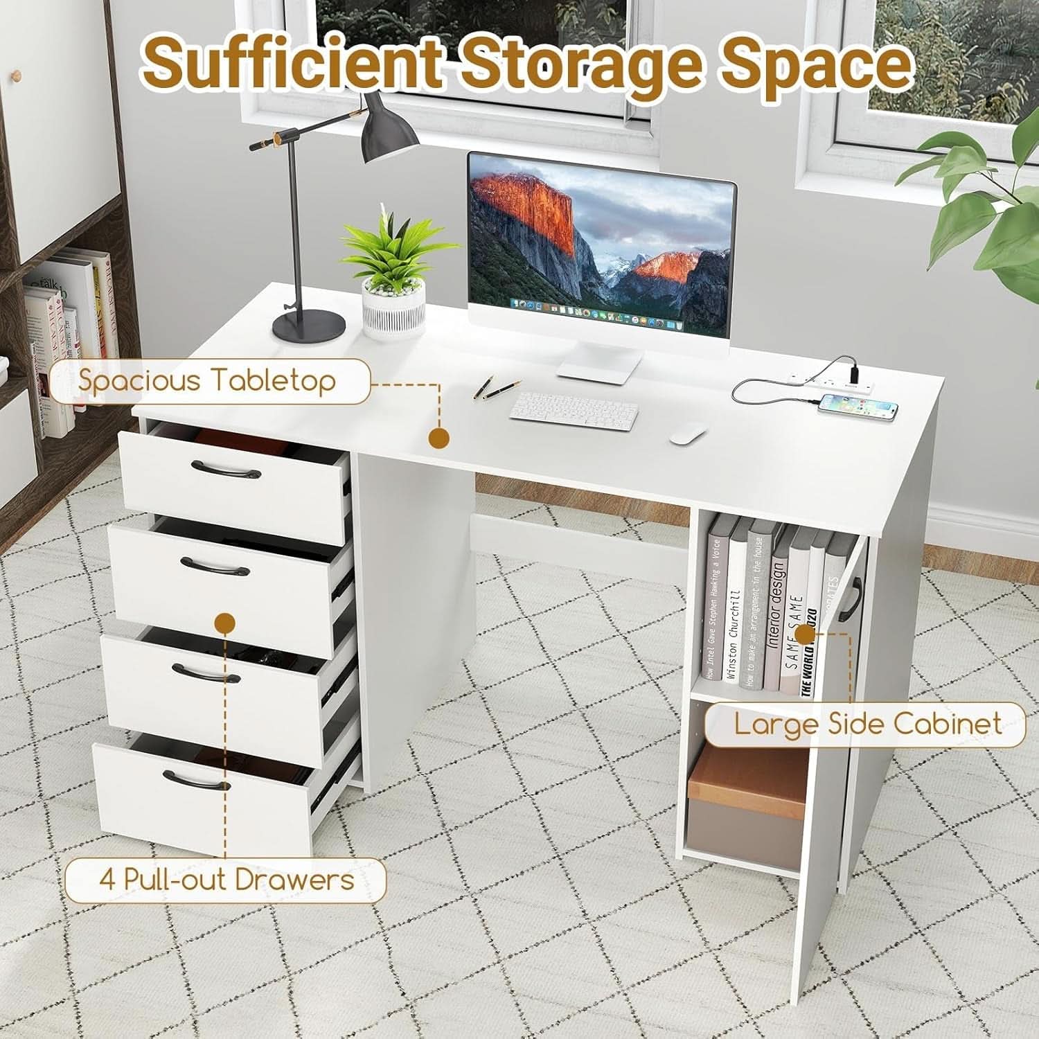 Modern 53 Inch White Computer Desk with Charging Station