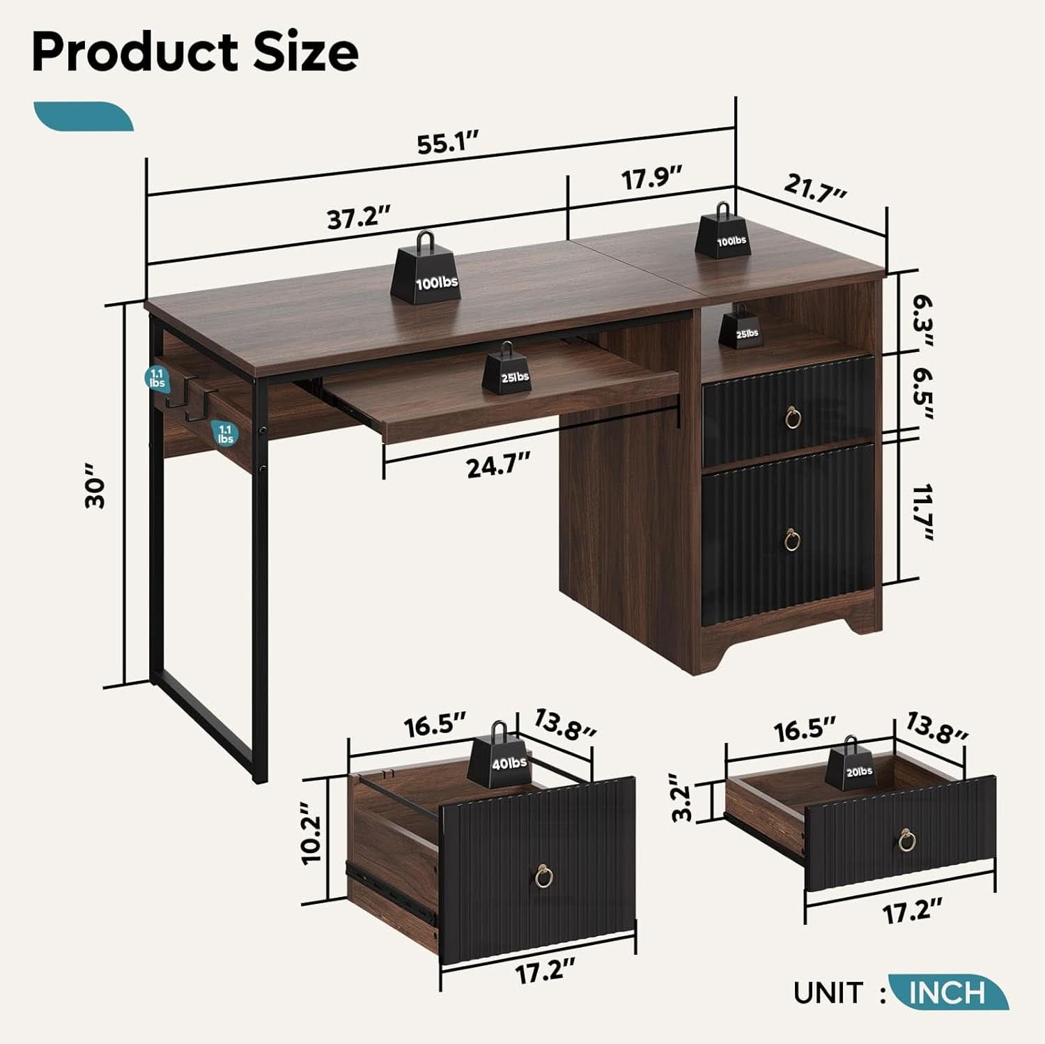 Modern 55 Inch Computer Desk with Storage and Tray