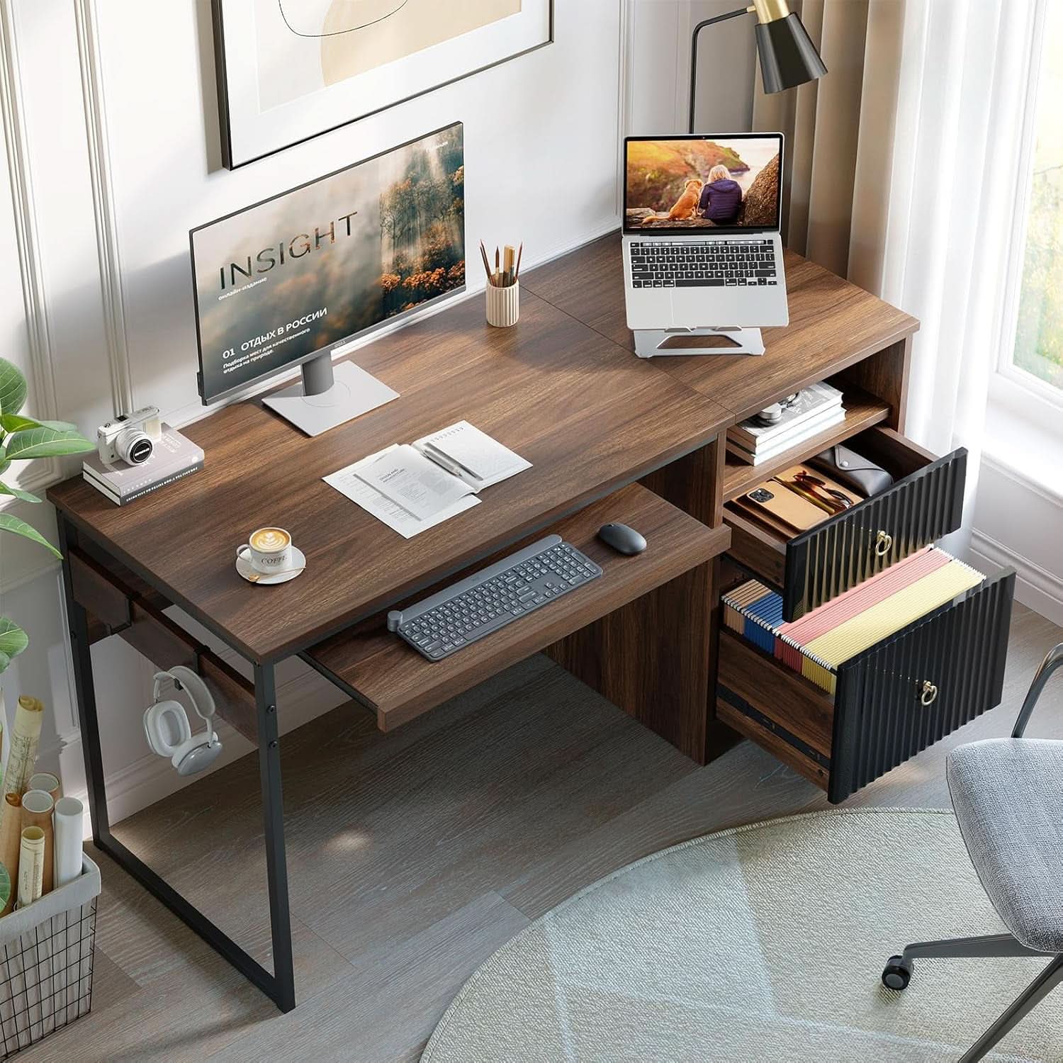 Modern 55 Inch Computer Desk with Storage and Tray