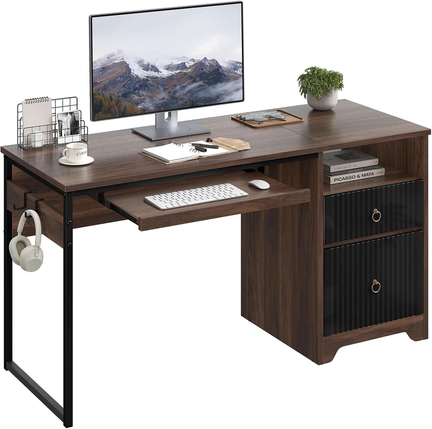 Modern 55 Inch Computer Desk with Storage and Tray