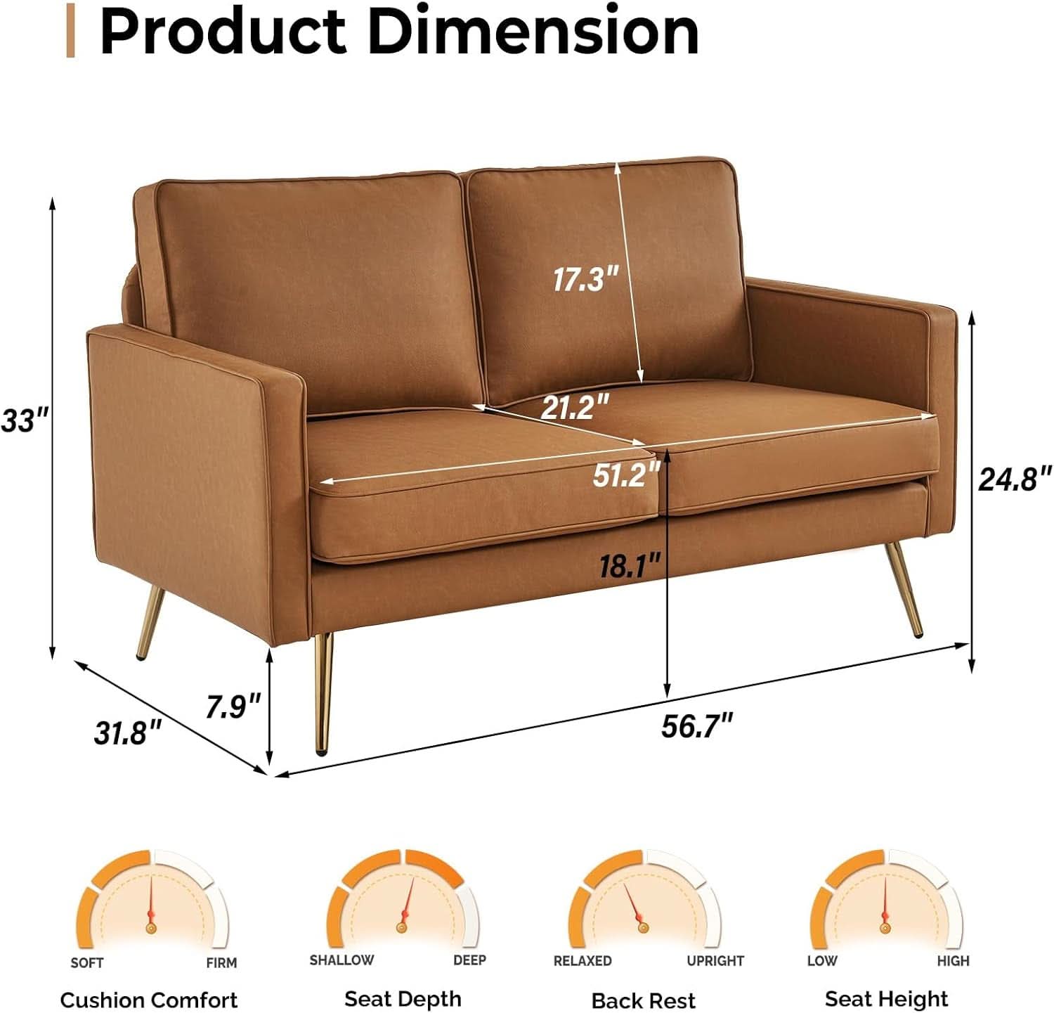 Modern 56 Inch PU Leather Loveseat for Small Spaces