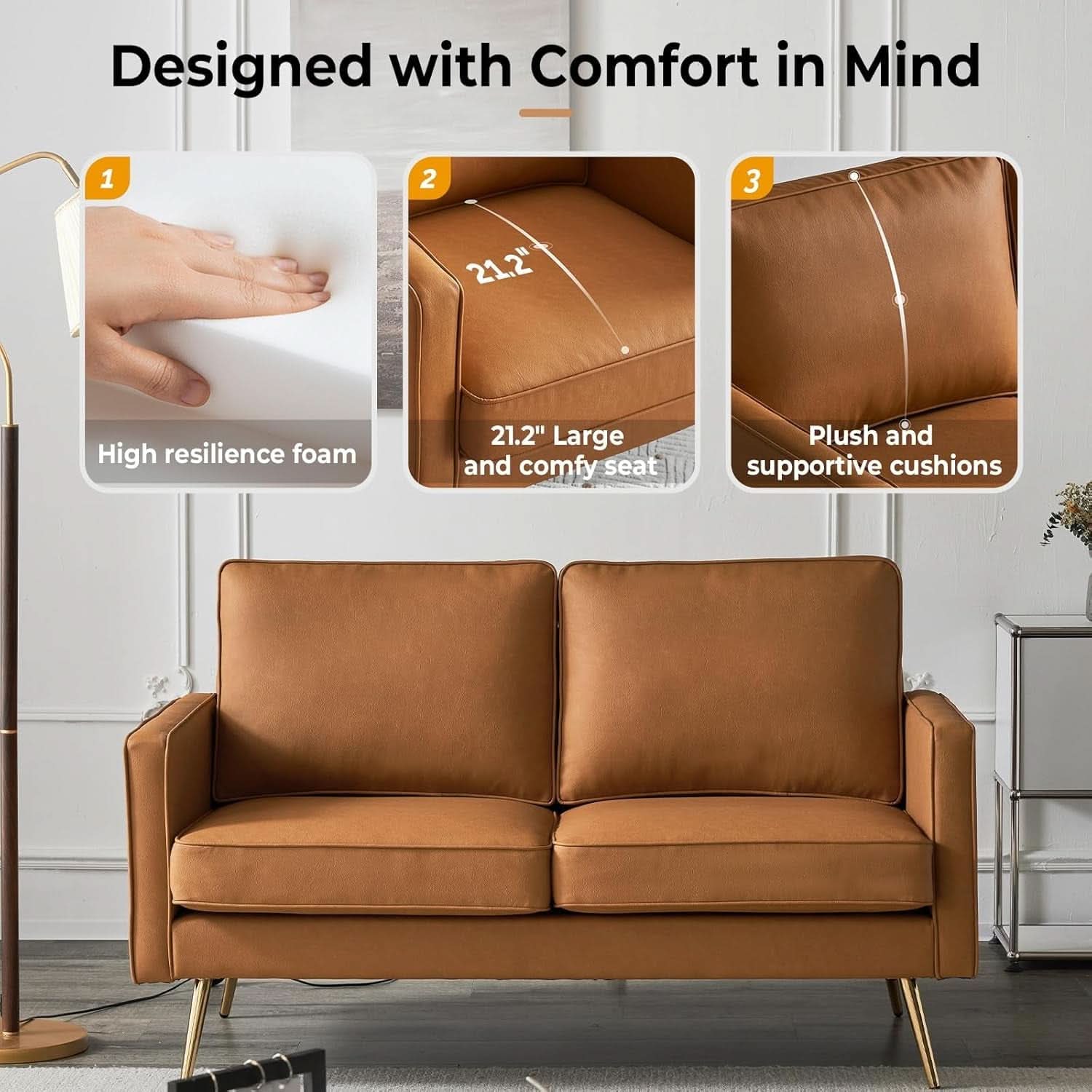 Modern 56 Inch PU Leather Loveseat for Small Spaces