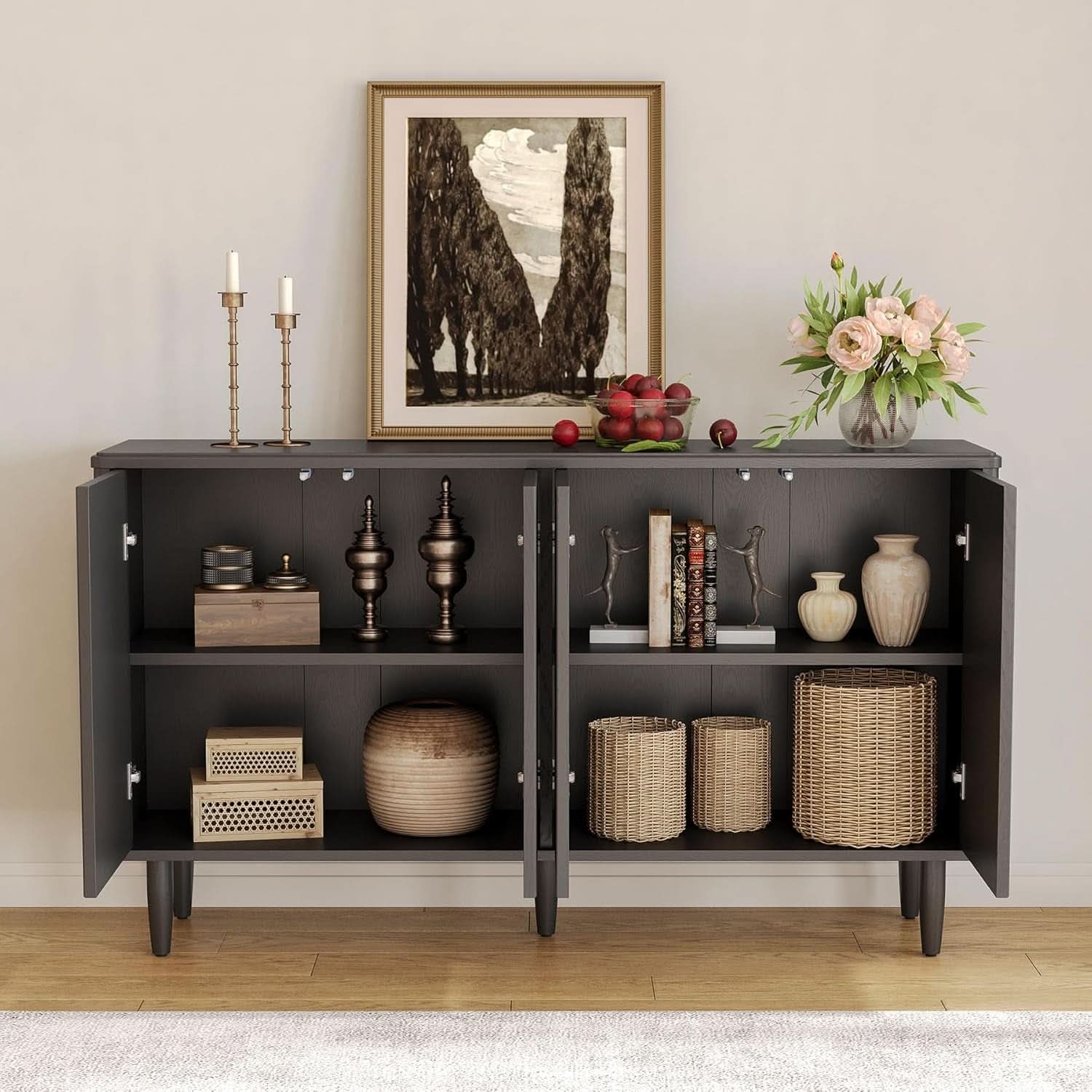 Modern 59-Inch Walnut Sideboard Buffet Table With Storage