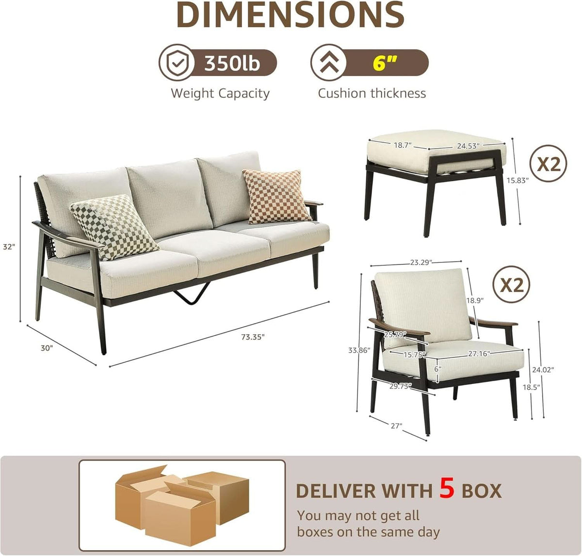 Modern 7 Piece Outdoor Patio Furniture Conversation Set
