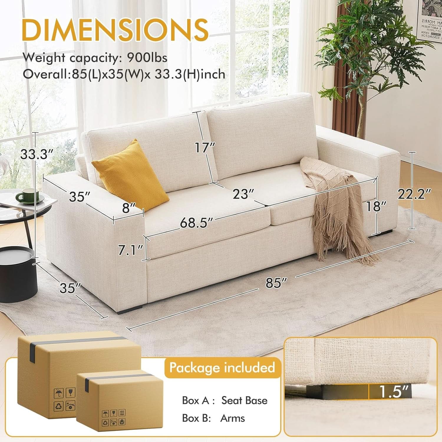 Modern 85 Inch Comfy Sofa Deep Seat Couch