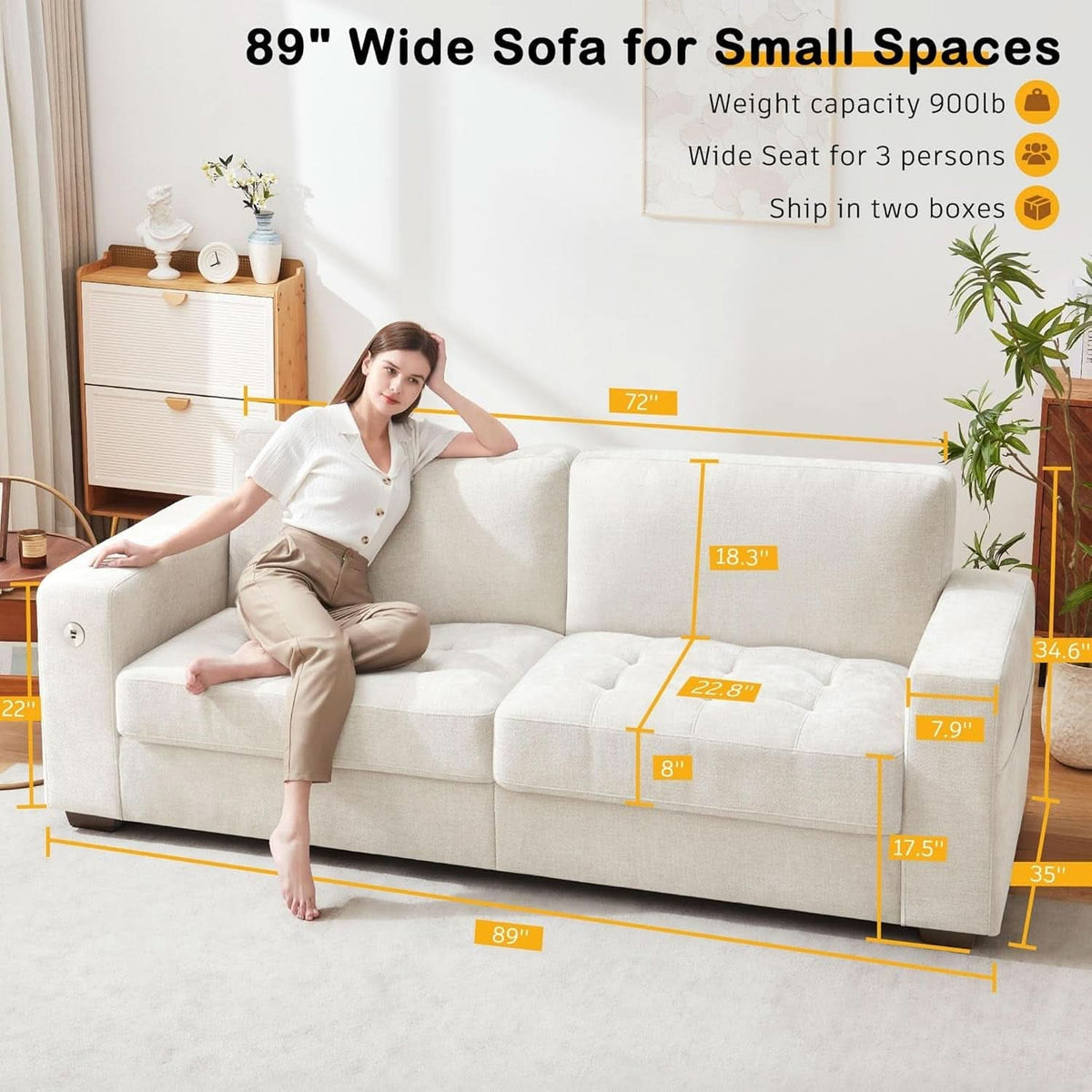 Modern 89 Inch Sofa with USB Ports and Removable Cover
