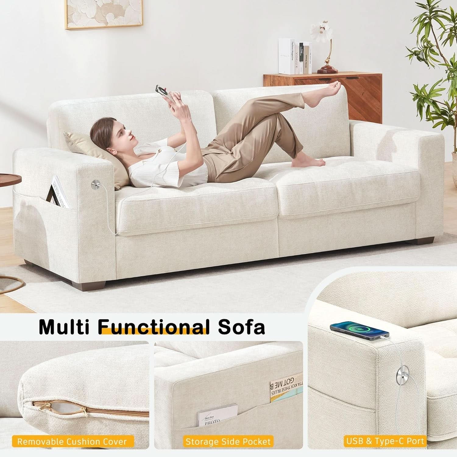 Modern 89 Inch Sofa with USB Ports and Removable Cover