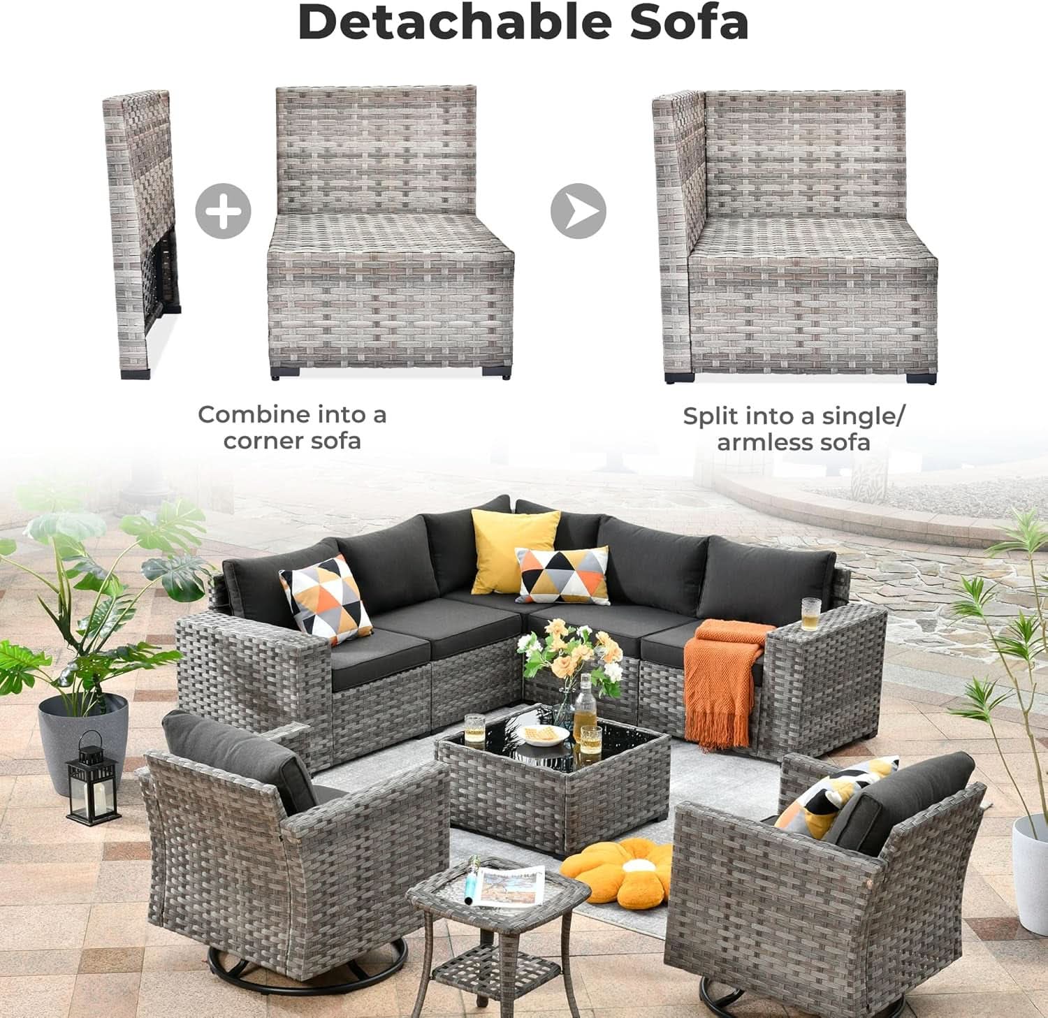 Modern 9 Piece Outdoor Wicker Sectional Sofa Set