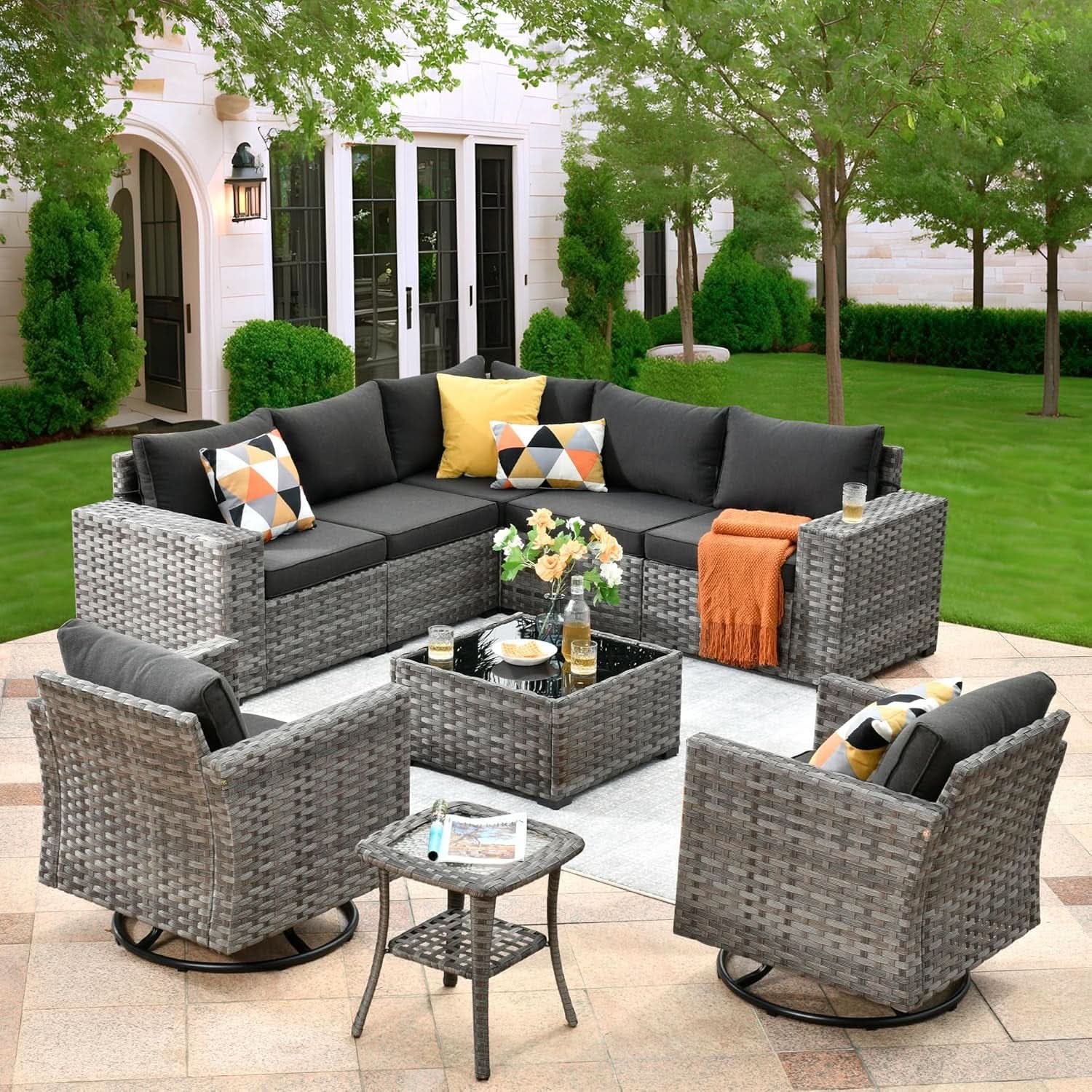 Modern 9 Piece Outdoor Wicker Sectional Sofa Set