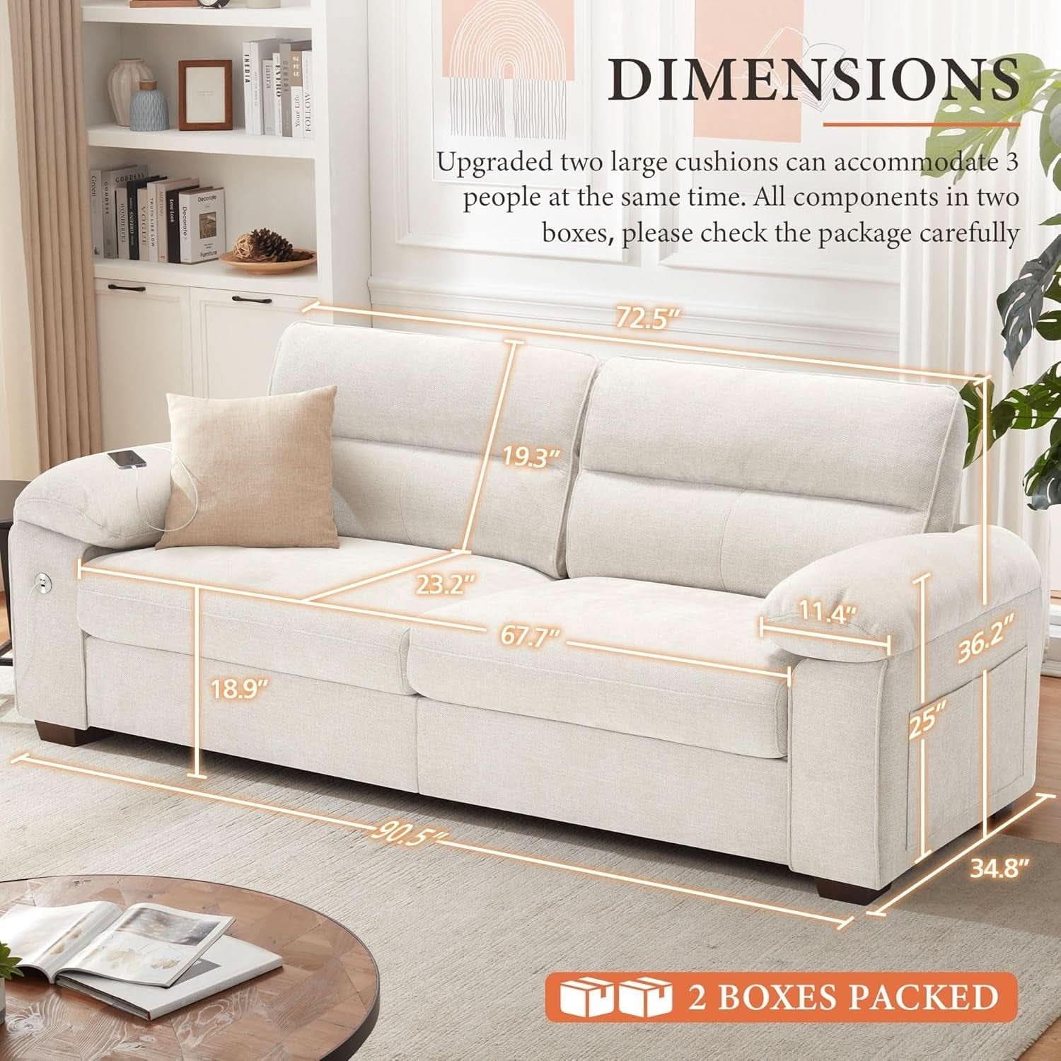 Modern 90.5 Inch Chenille Sofa With USB Charging
