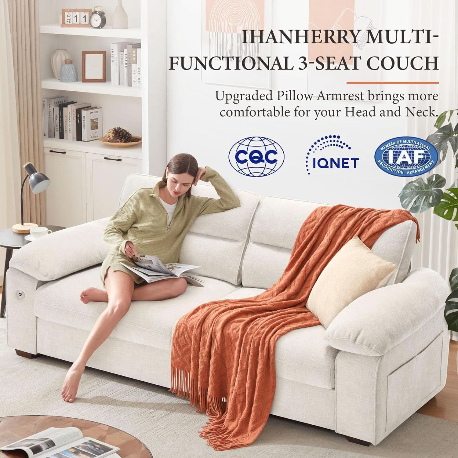 Modern 90.5 Inch Chenille Sofa With USB Charging