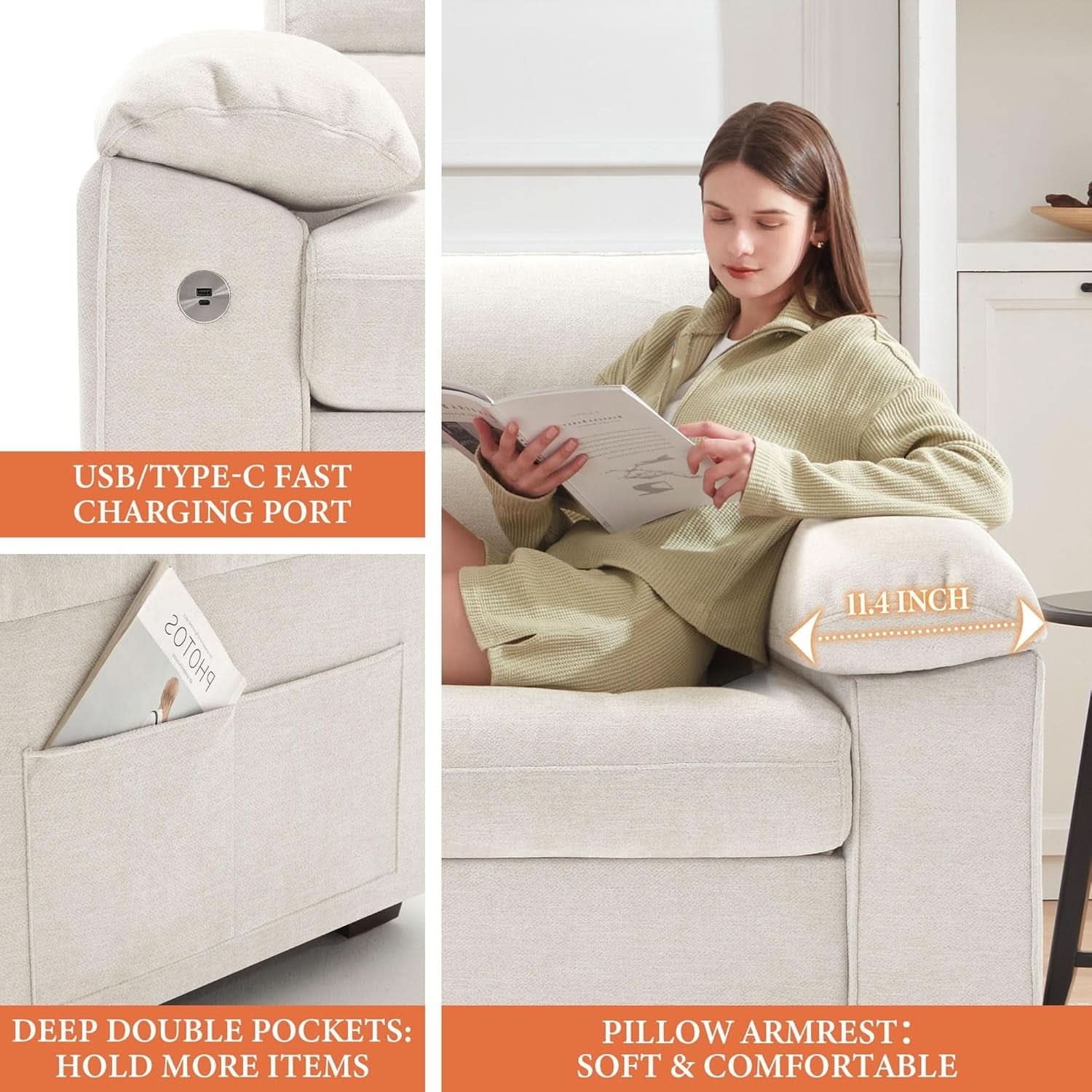 Modern 90.5 Inch Chenille Sofa With USB Charging