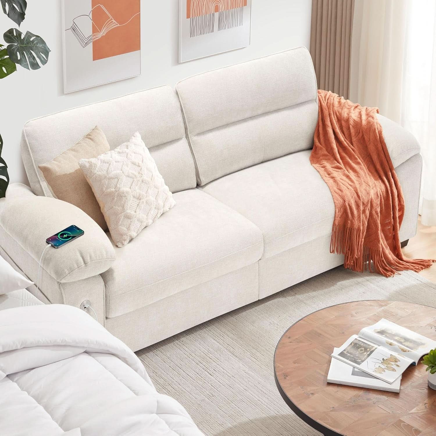 Modern 90.5 Inch Chenille Sofa With USB Charging
