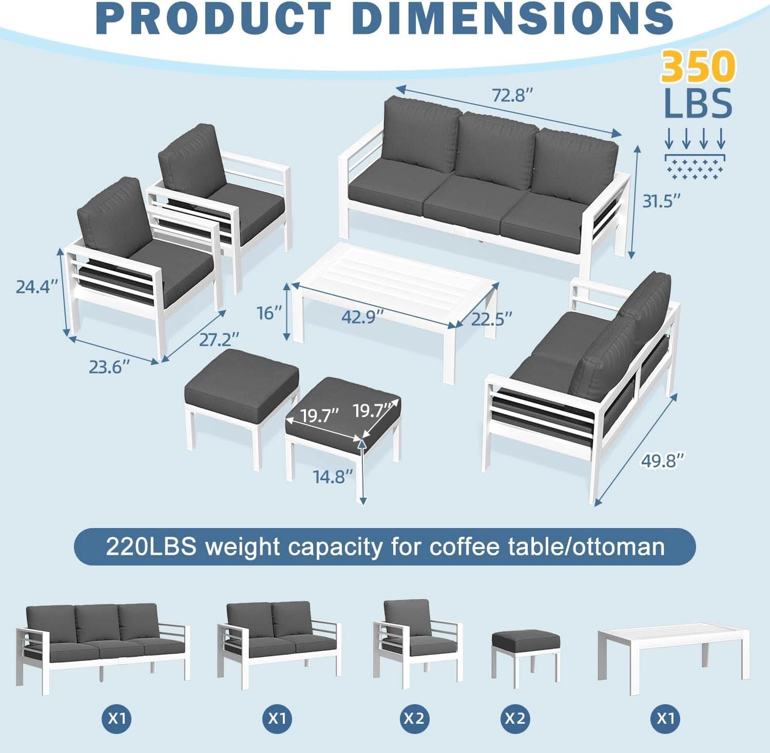 Modern Aluminum Patio Furniture Set with Cushions and Table