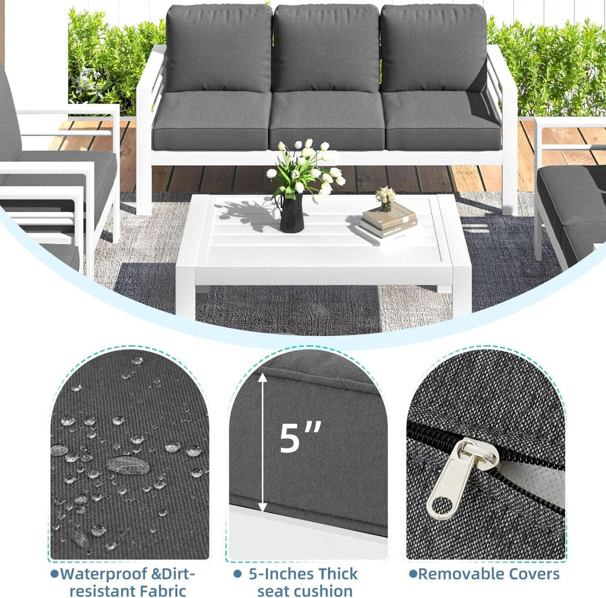 Modern Aluminum Patio Furniture Set with Cushions and Table