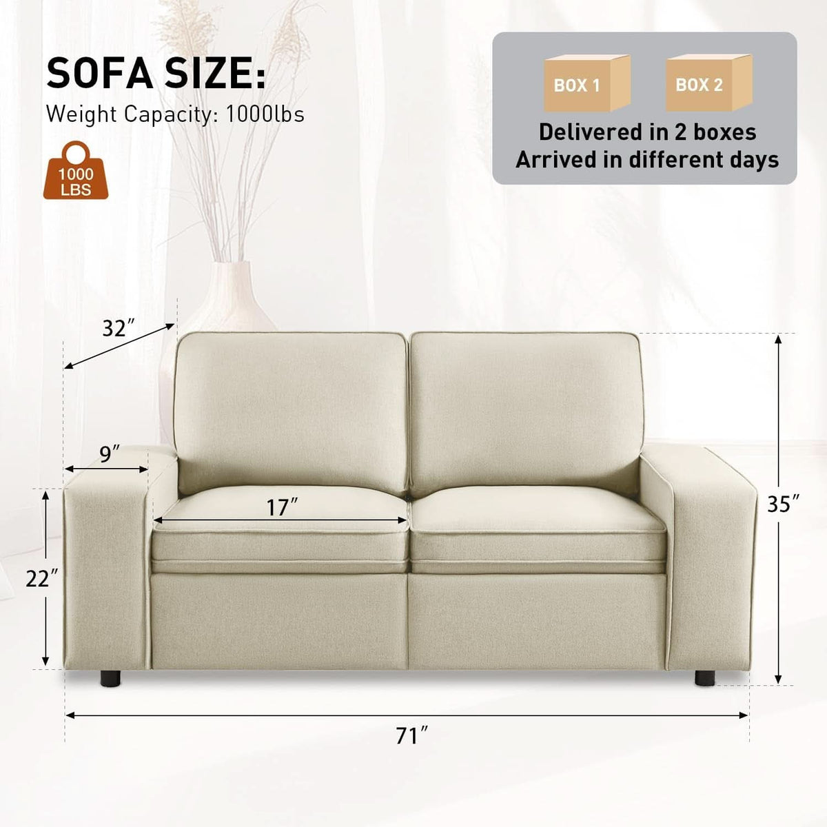 Modern Beige 2-Seater Sofa with Storage and USB Ports