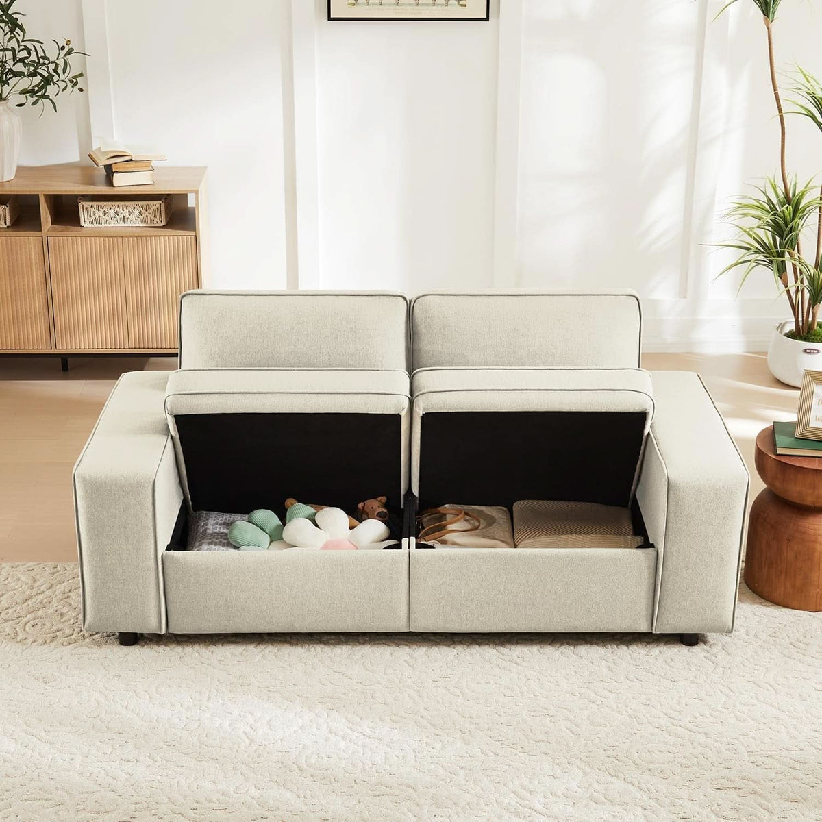 Modern Beige 2-Seater Sofa with Storage and USB Ports