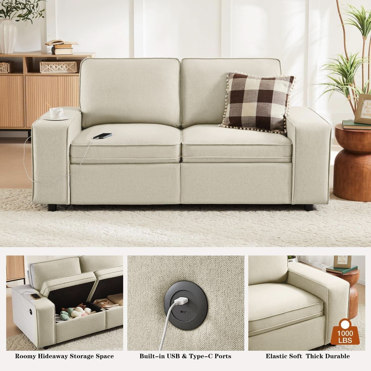Modern Beige 2-Seater Sofa with Storage and USB Ports