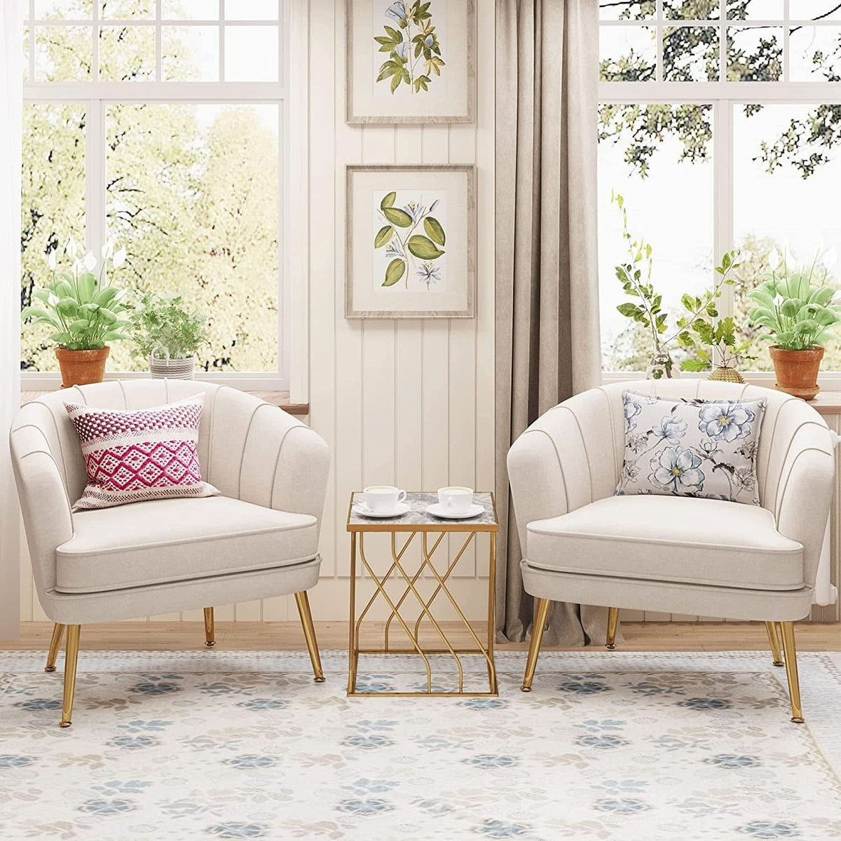 Modern Beige Velvet Accent Chair With Gold Metal Legs