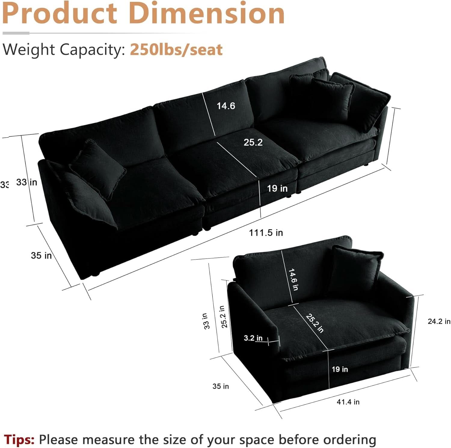 Modern Black Chenille 3 Piece Sofa Set With Two Singles