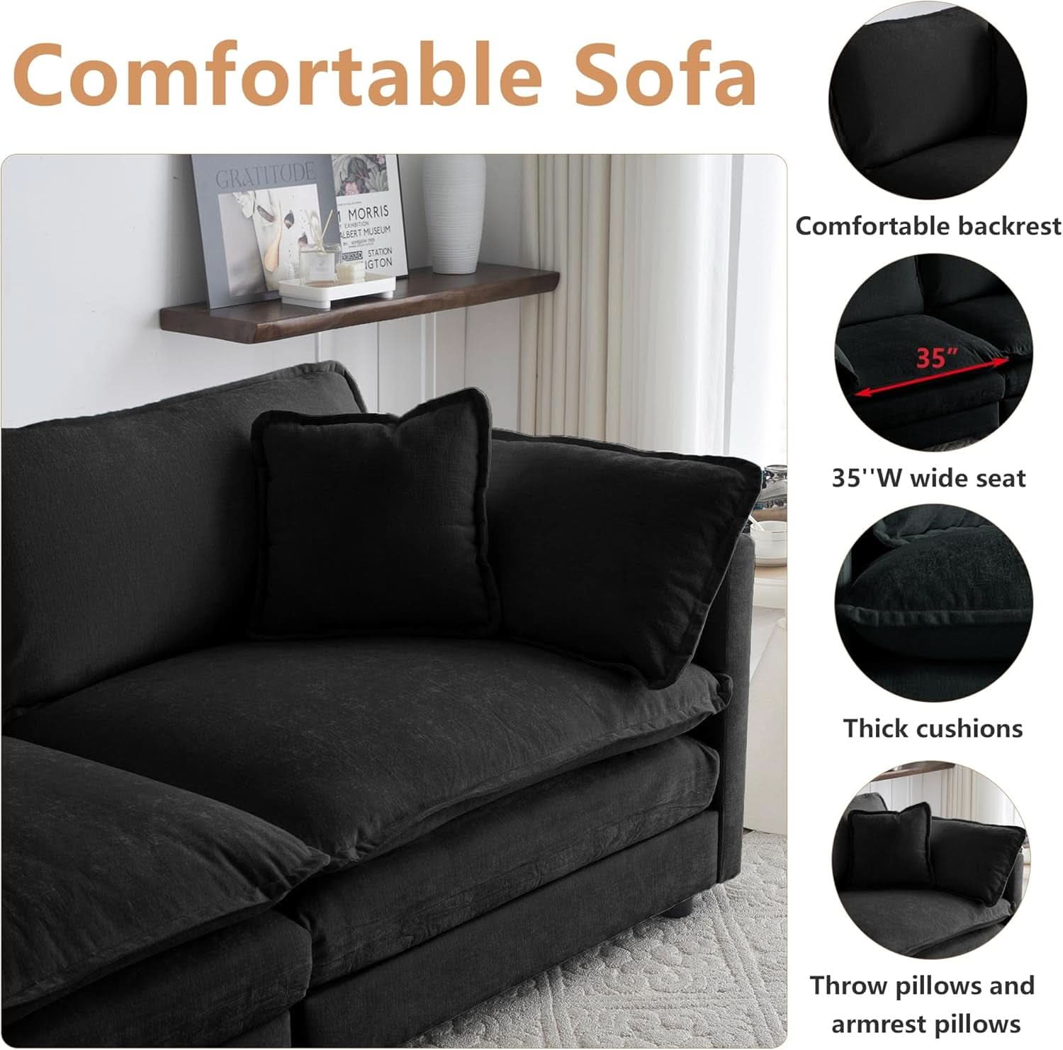 Modern Black Chenille 3 Piece Sofa Set With Two Singles