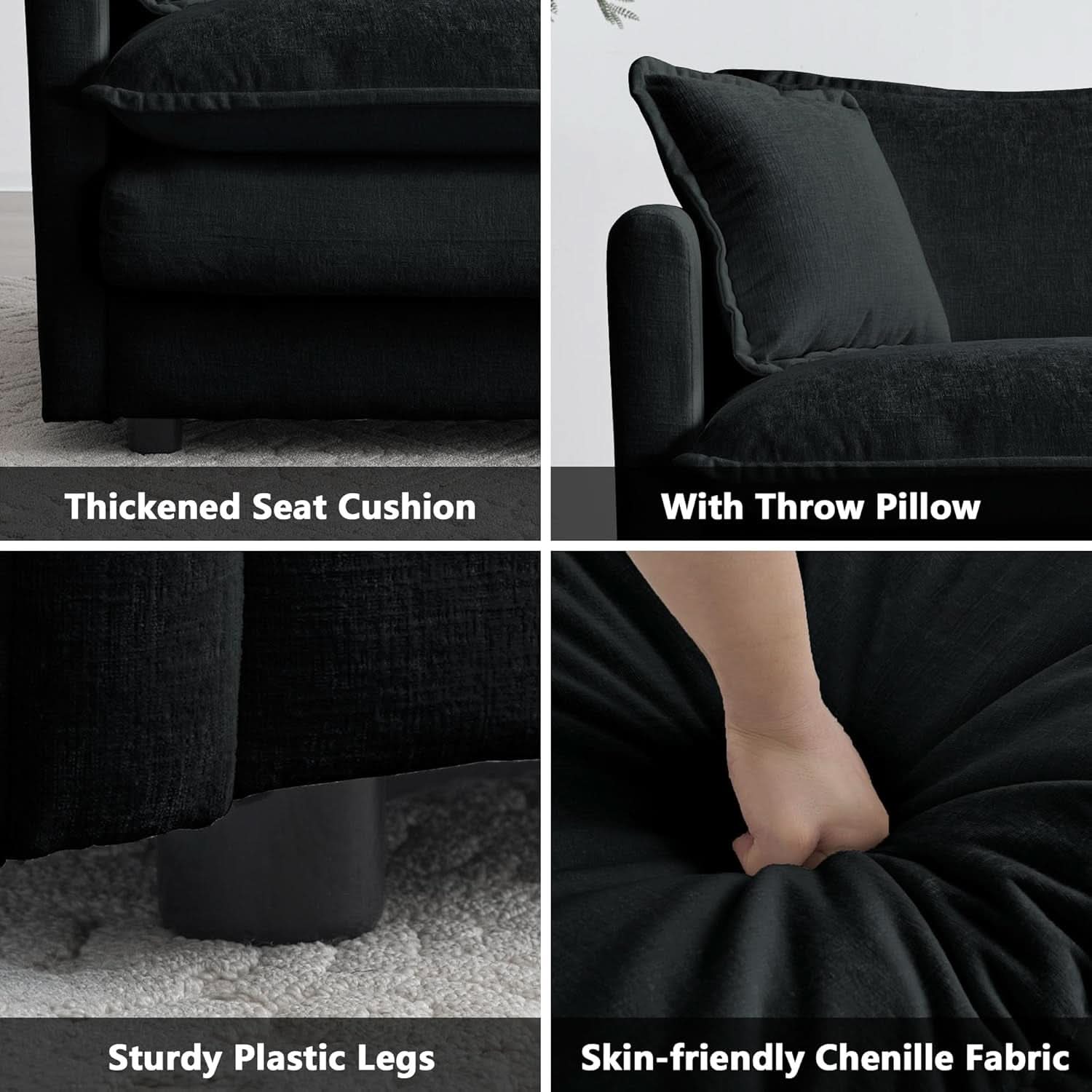 Modern Black Chenille 3 Piece Sofa Set With Two Singles