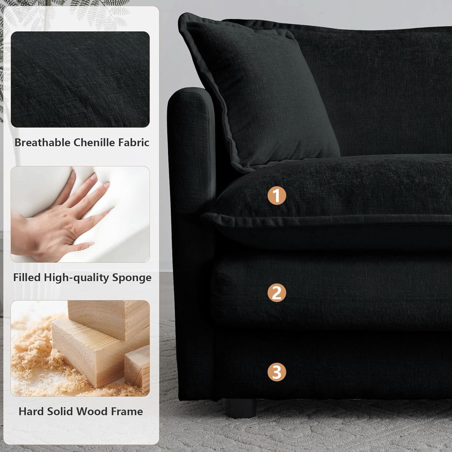 Modern Black Chenille 3 Piece Sofa Set With Two Singles