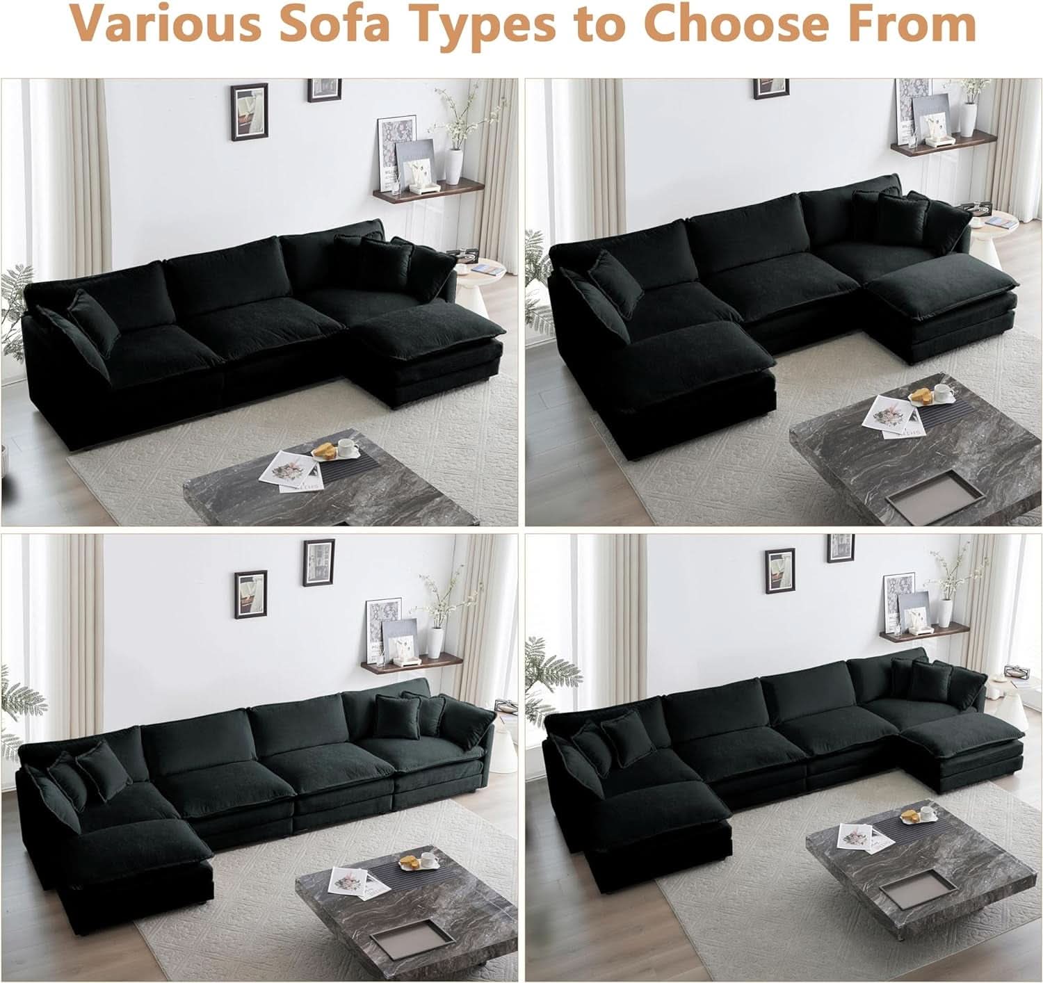 Modern Black Chenille 3 Piece Sofa Set With Two Singles